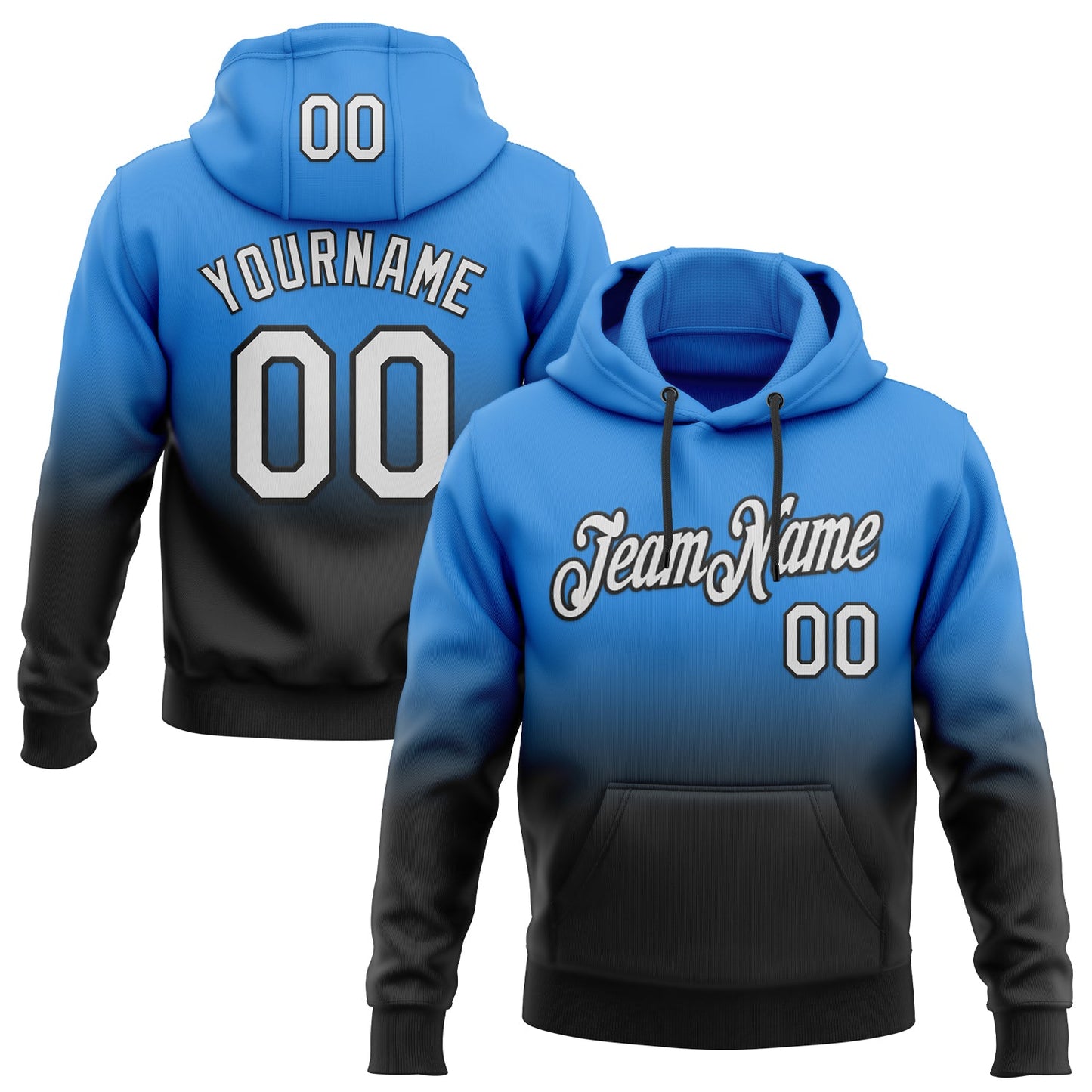 Custom Stitched Powder Blue White-Black Fade Fashion Sports Pullover Sweatshirt Hoodie - Main View