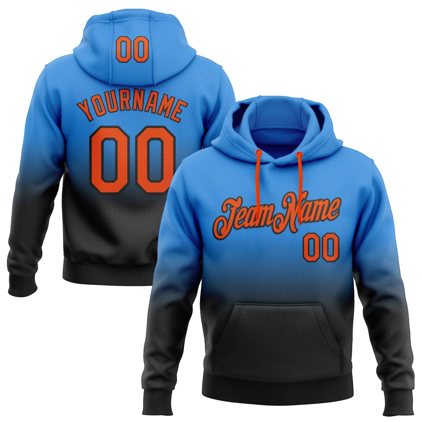 Custom Stitched Powder Blue Orange-Black Fade Fashion Sports Pullover Sweatshirt Hoodie - Main View