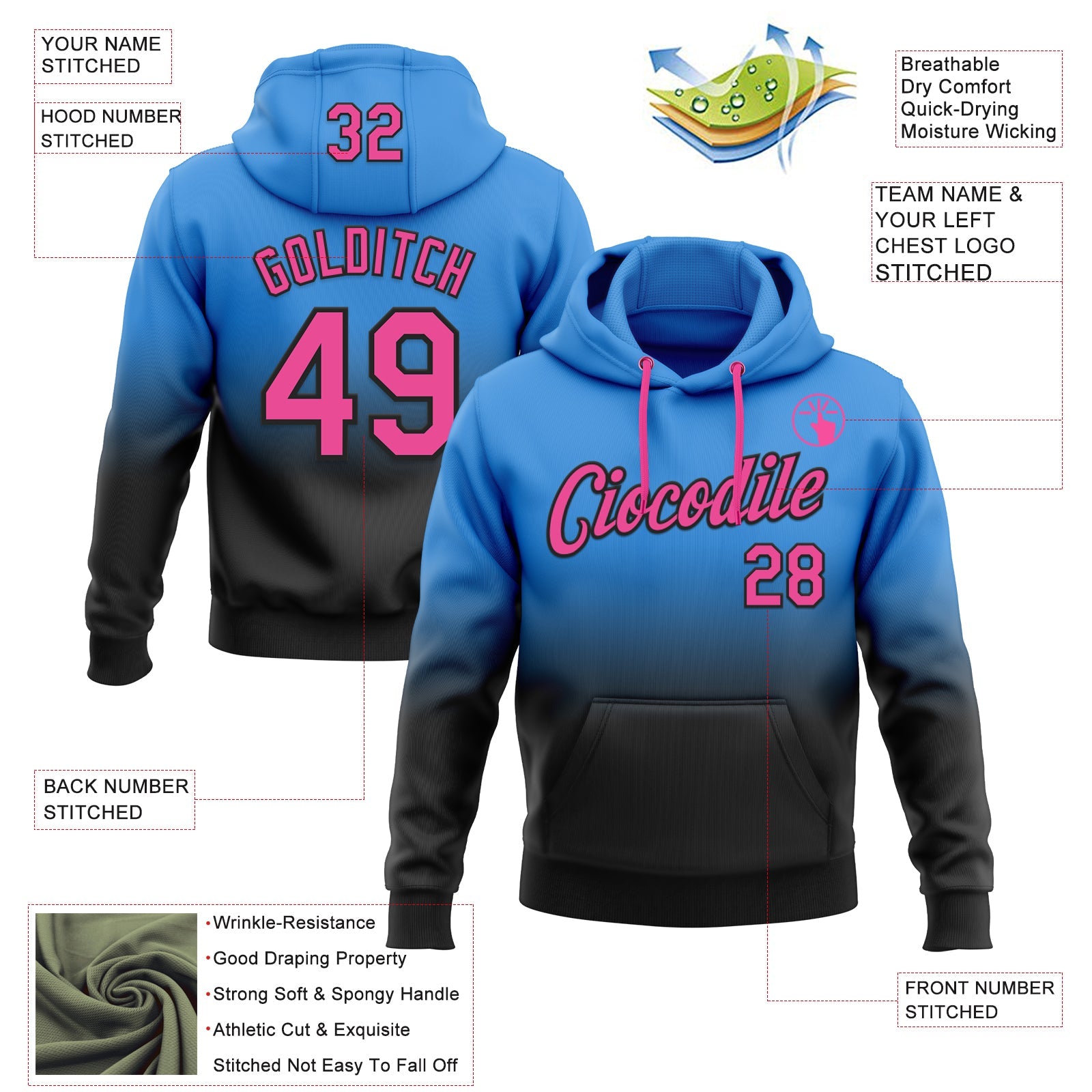 Custom Stitched Powder Blue Pink-Black Fade Fashion Sports Pullover Sweatshirt Hoodie view 2