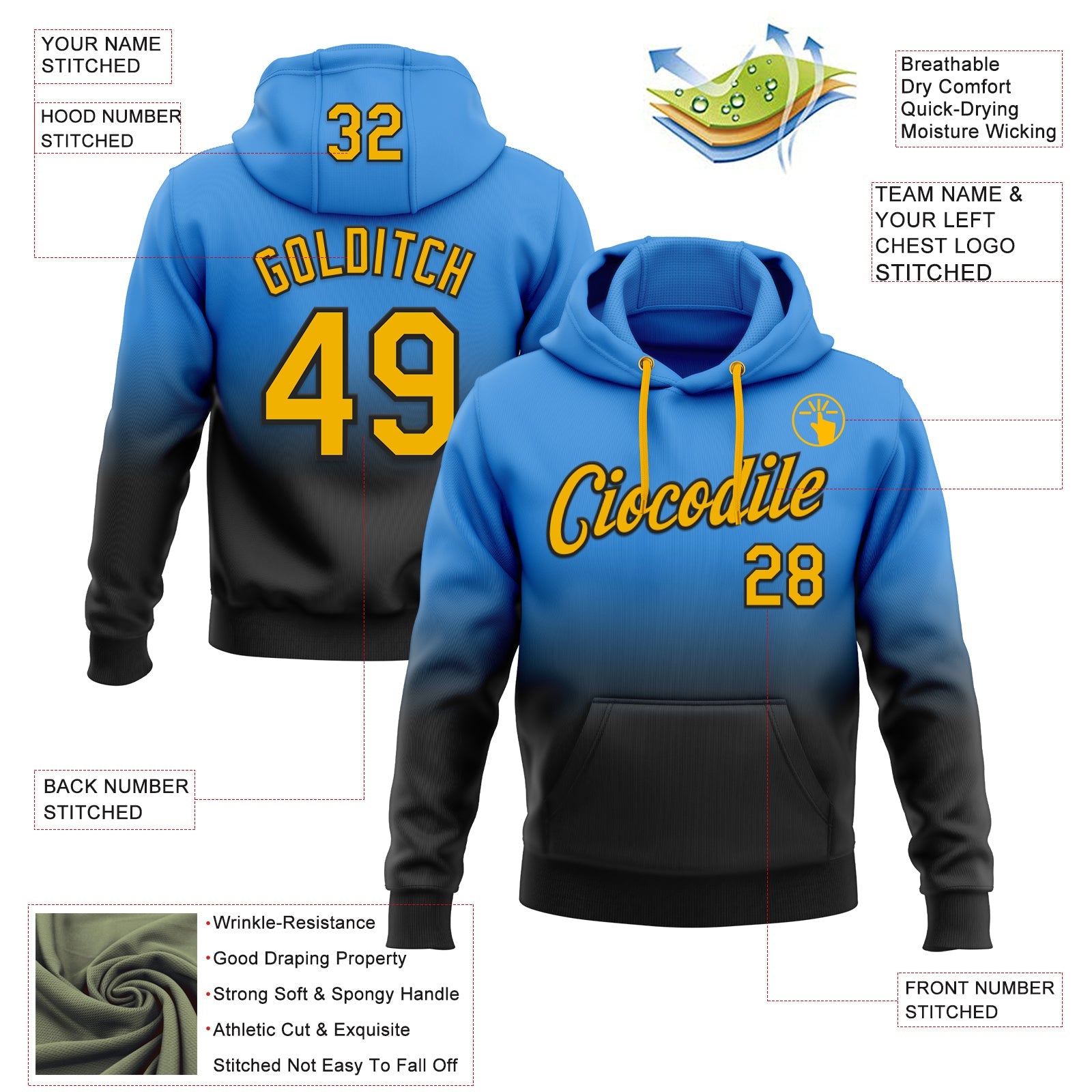 Custom Stitched Powder Blue Gold-Black Fade Fashion Sports Pullover Sweatshirt Hoodie view 2