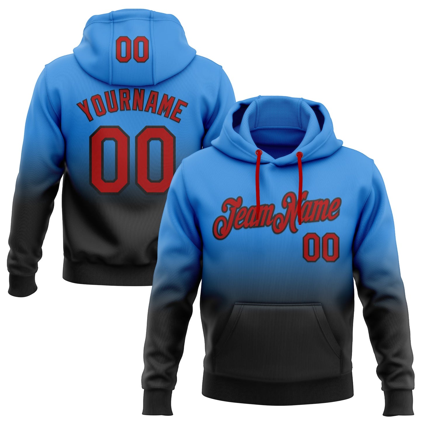 Custom Stitched Powder Blue Red-Black Fade Fashion Sports Pullover Sweatshirt Hoodie - Main View