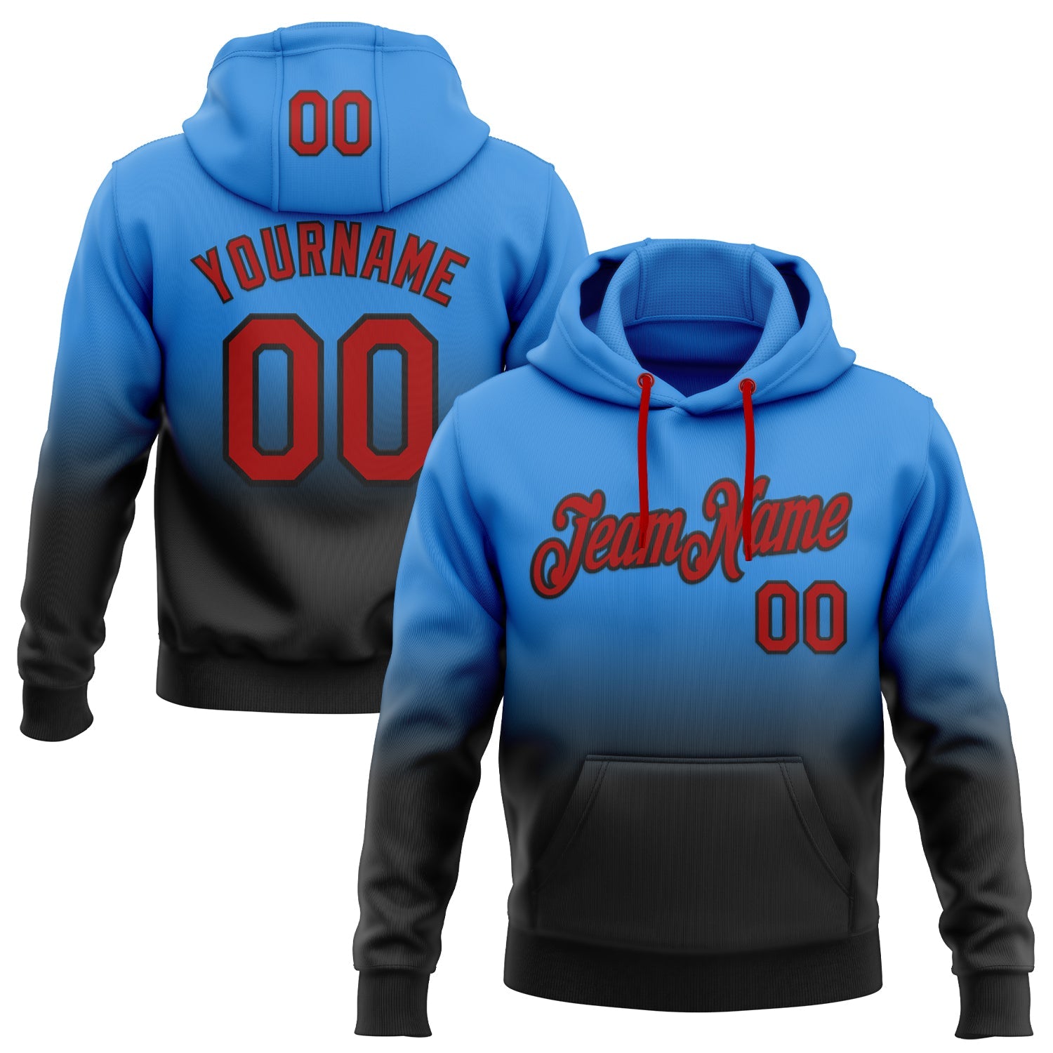 Custom Stitched Powder Blue Red-Black Fade Fashion Sports Pullover Sweatshirt Hoodie - Main View