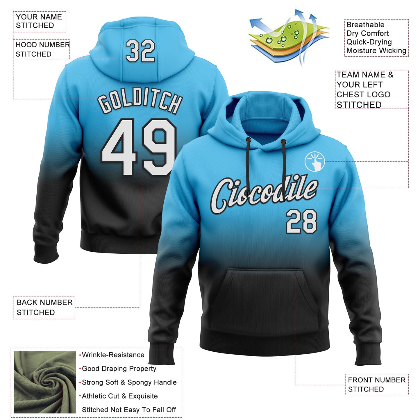 Custom Stitched Sky Blue White-Black Fade Fashion Sports Pullover Sweatshirt Hoodie view 2