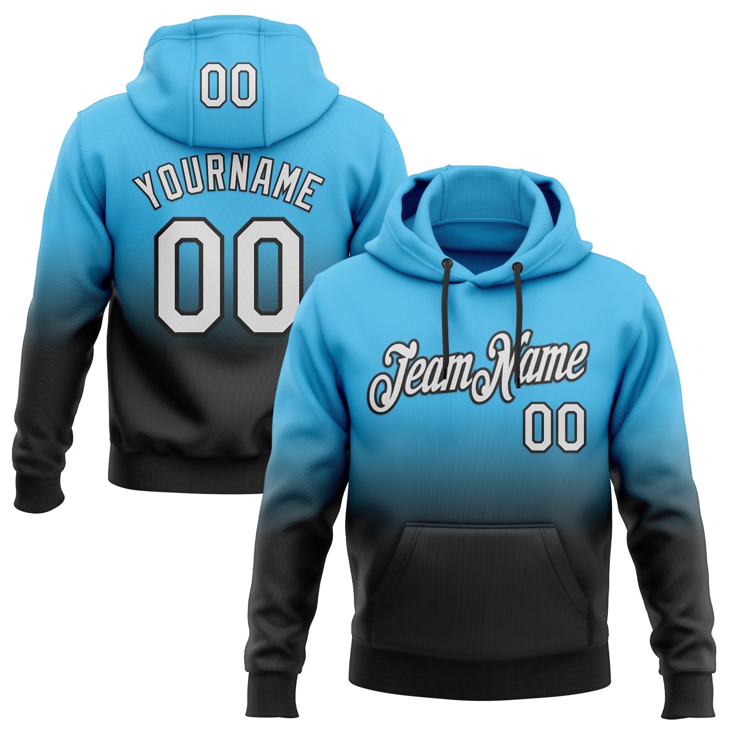 Custom Stitched Sky Blue White-Black Fade Fashion Sports Pullover Sweatshirt Hoodie - Main View