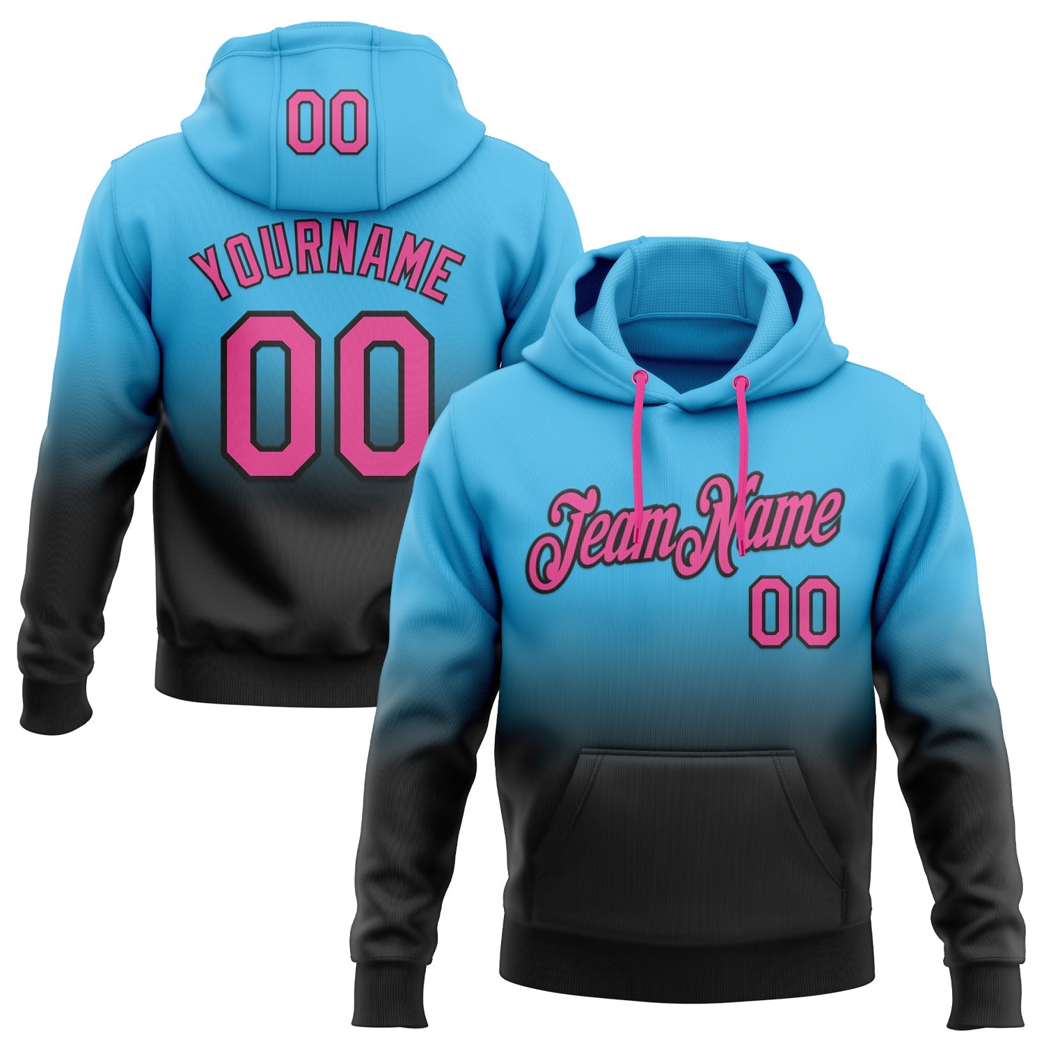 Custom Stitched Sky Blue Pink-Black Fade Fashion Sports Pullover Sweatshirt Hoodie - Main View