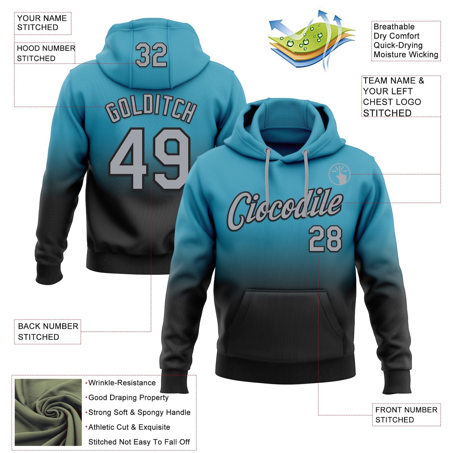 Custom Stitched Panther Blue Gray-Black Fade Fashion Sports Pullover Sweatshirt Hoodie view 2