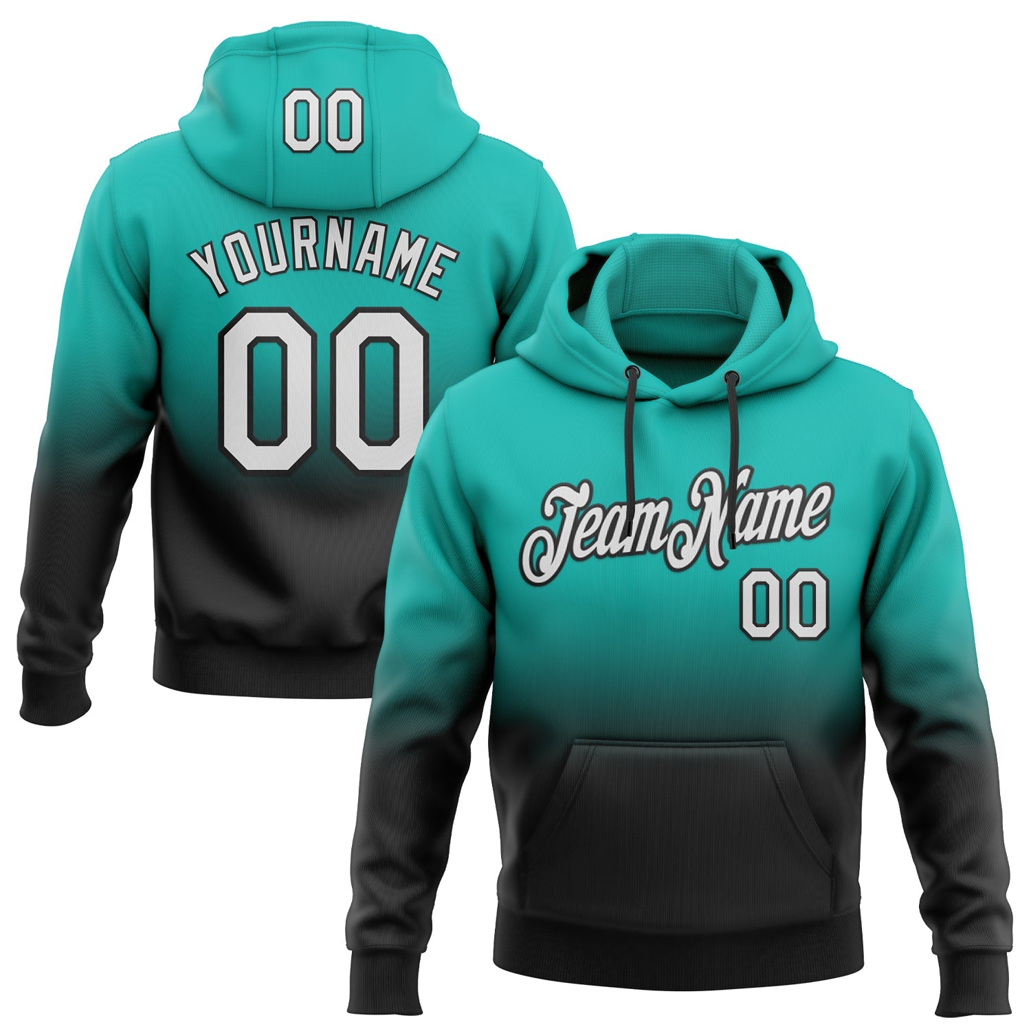 Custom Stitched Aqua White-Black Fade Fashion Sports Pullover Sweatshirt Hoodie - Main View