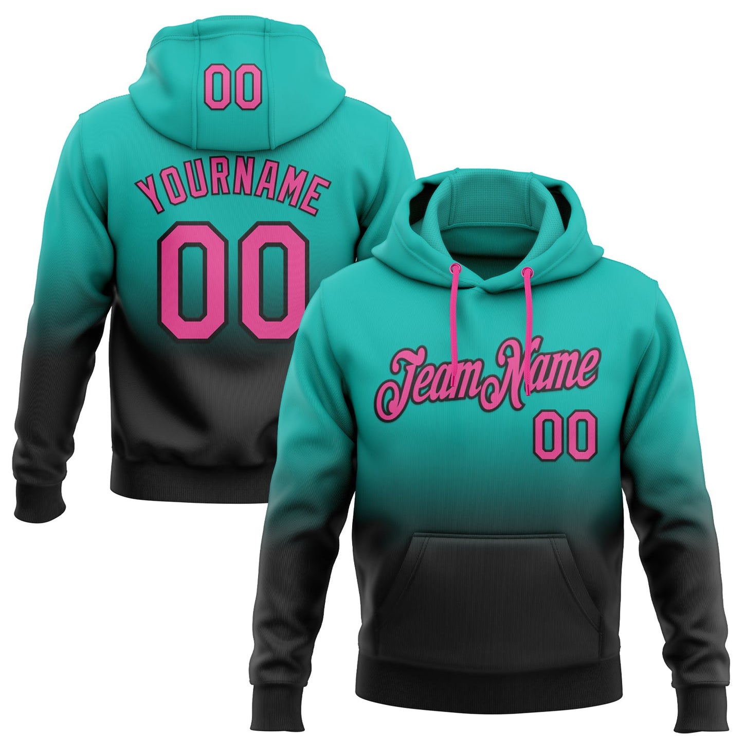 Custom Stitched Aqua Pink-Black Fade Fashion Sports Pullover Sweatshirt Hoodie - Main View