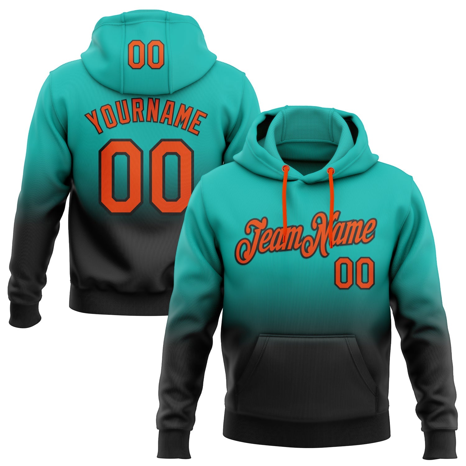 Custom Stitched Aqua Orange-Black Fade Fashion Sports Pullover Sweatshirt Hoodie - Main View