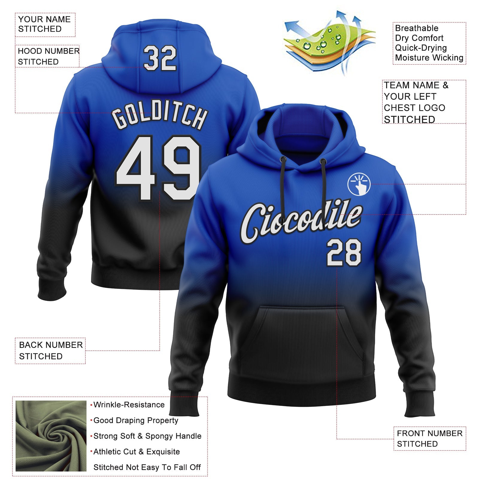 Custom Stitched Thunder Blue White-Black Fade Fashion Sports Pullover Sweatshirt Hoodie view 2