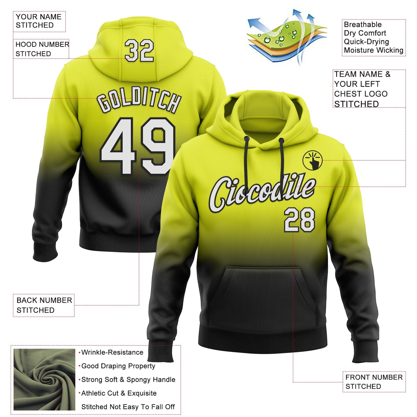 Custom Stitched Neon Yellow White-Black Fade Fashion Sports Pullover Sweatshirt Hoodie view 2