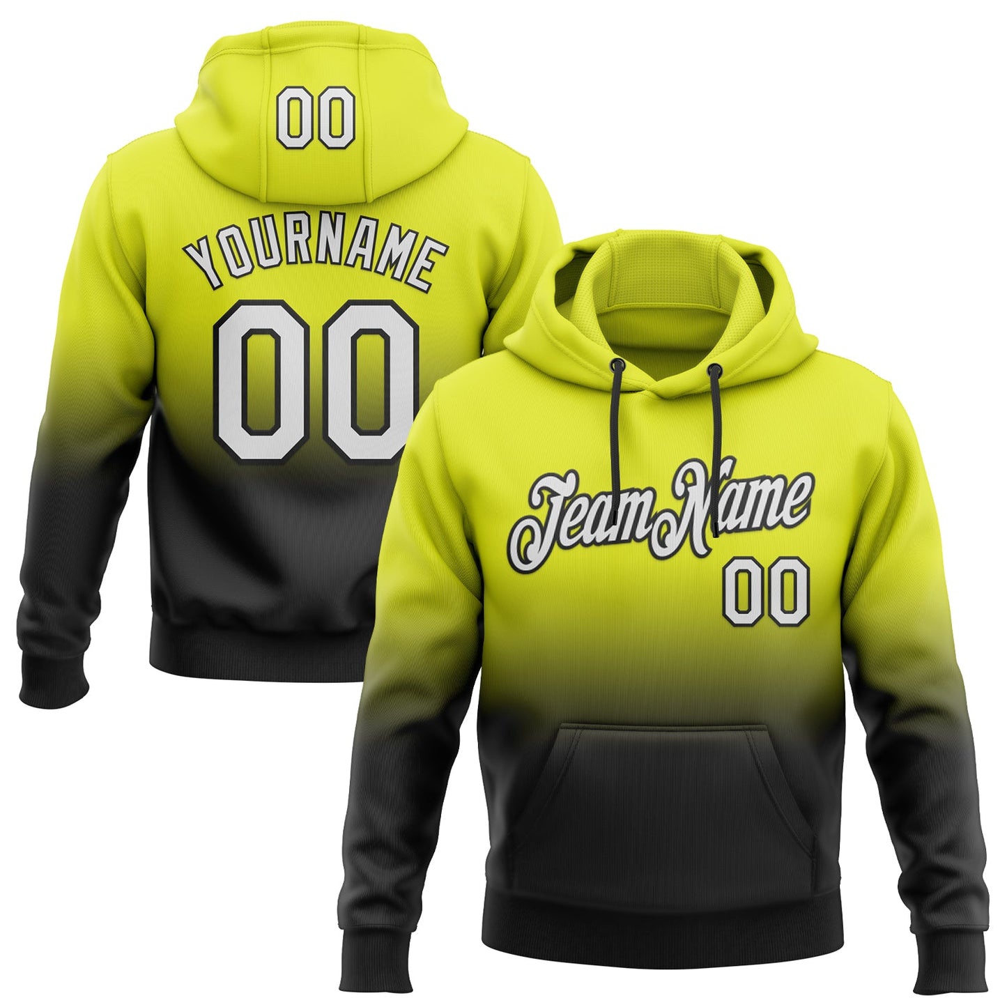 Custom Stitched Neon Yellow White-Black Fade Fashion Sports Pullover Sweatshirt Hoodie - Main View