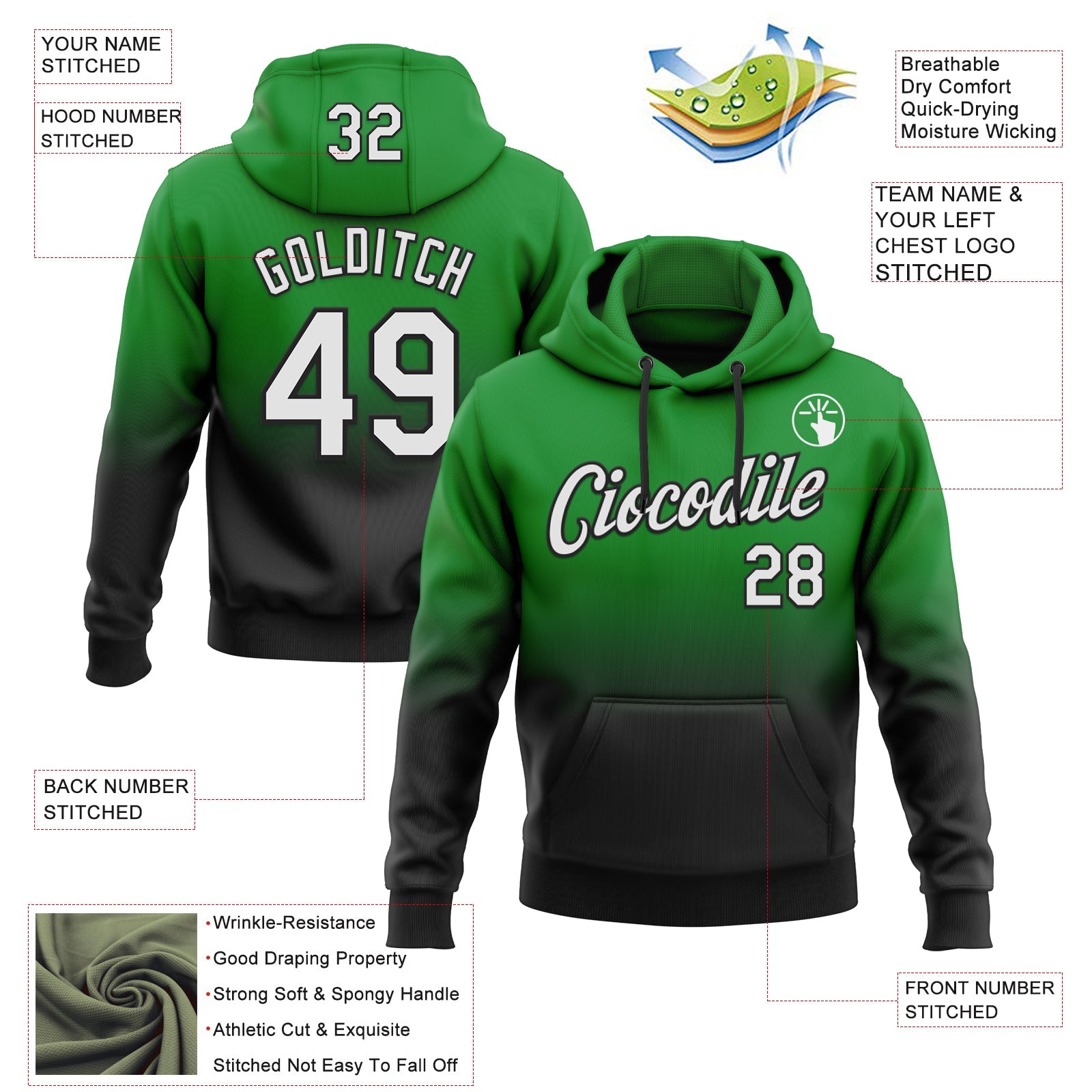 Custom Stitched Grass Green White-Black Fade Fashion Sports Pullover Sweatshirt Hoodie view 2