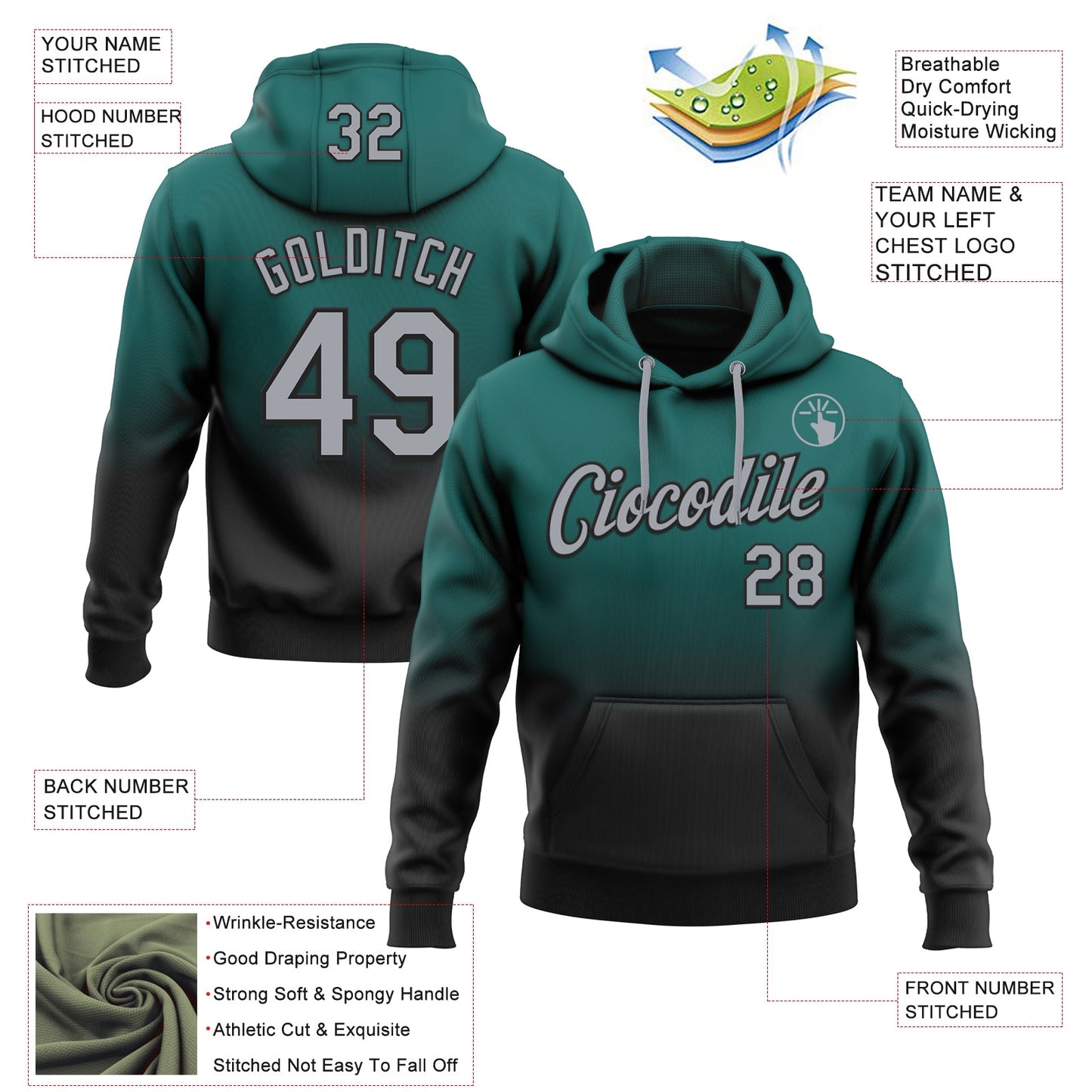 Custom Stitched Midnight Green Gray-Black Fade Fashion Sports Pullover Sweatshirt Hoodie view 2