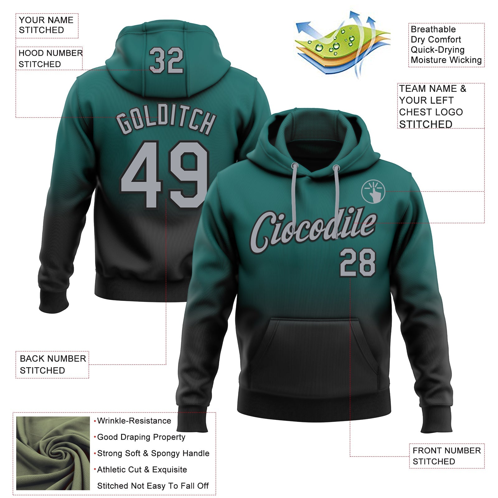 Custom Stitched Midnight Green Gray-Black Fade Fashion Sports Pullover Sweatshirt Hoodie view 2