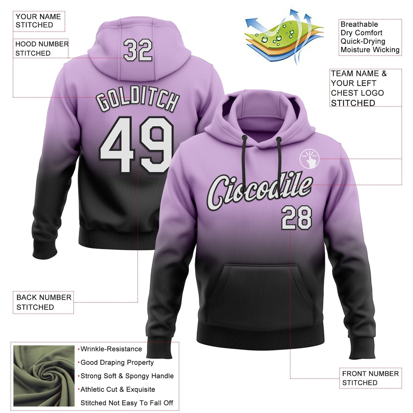 Custom Stitched Light Purple White-Black Fade Fashion Sports Pullover Sweatshirt Hoodie view 2