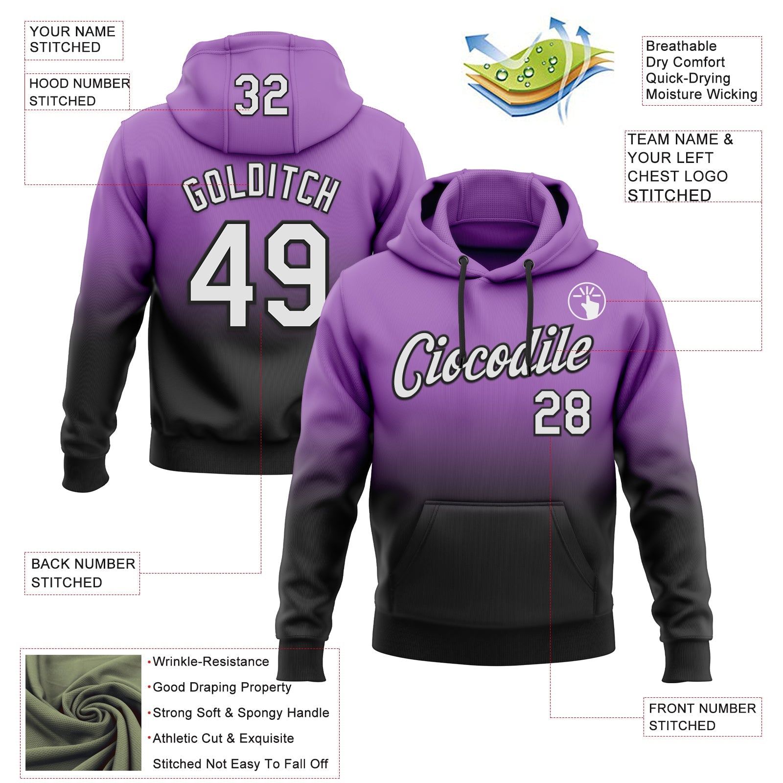 Custom Stitched Medium Purple White-Black Fade Fashion Sports Pullover Sweatshirt Hoodie view 2