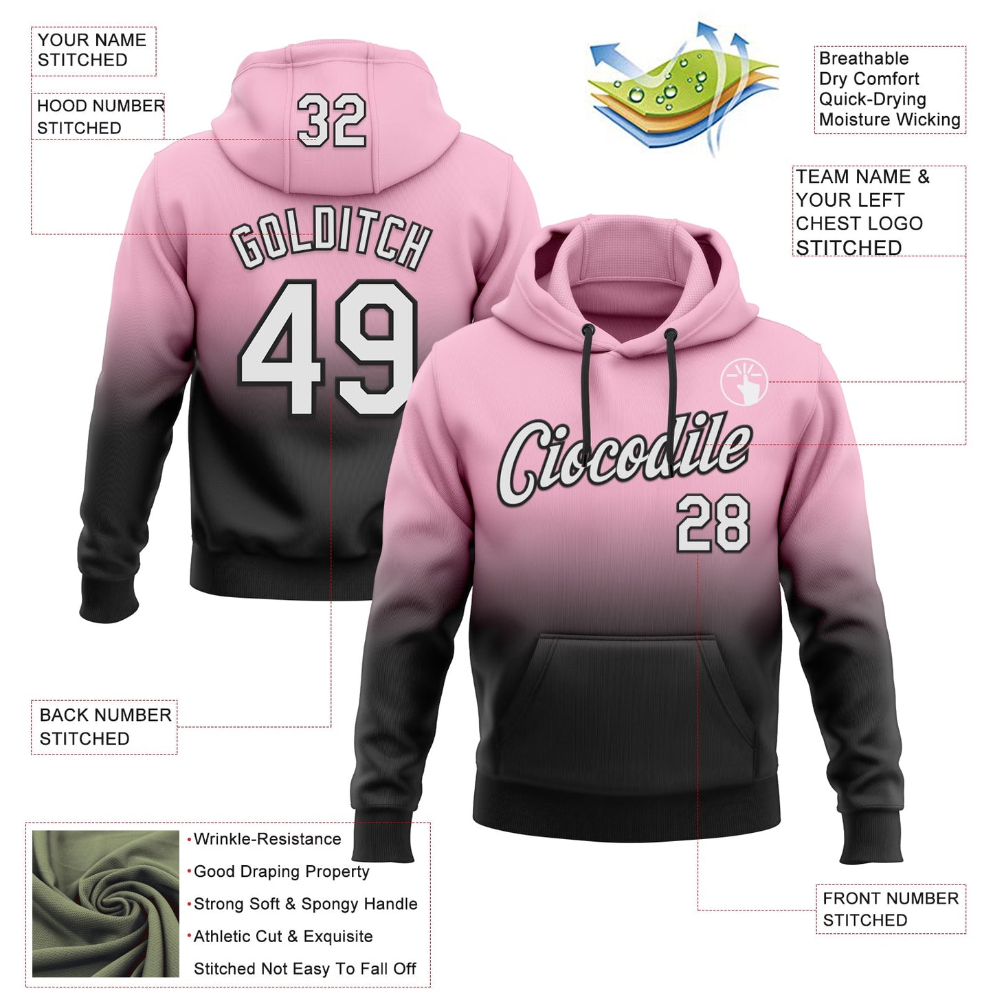 Custom Stitched Light Pink White-Black Fade Fashion Sports Pullover Sweatshirt Hoodie view 2