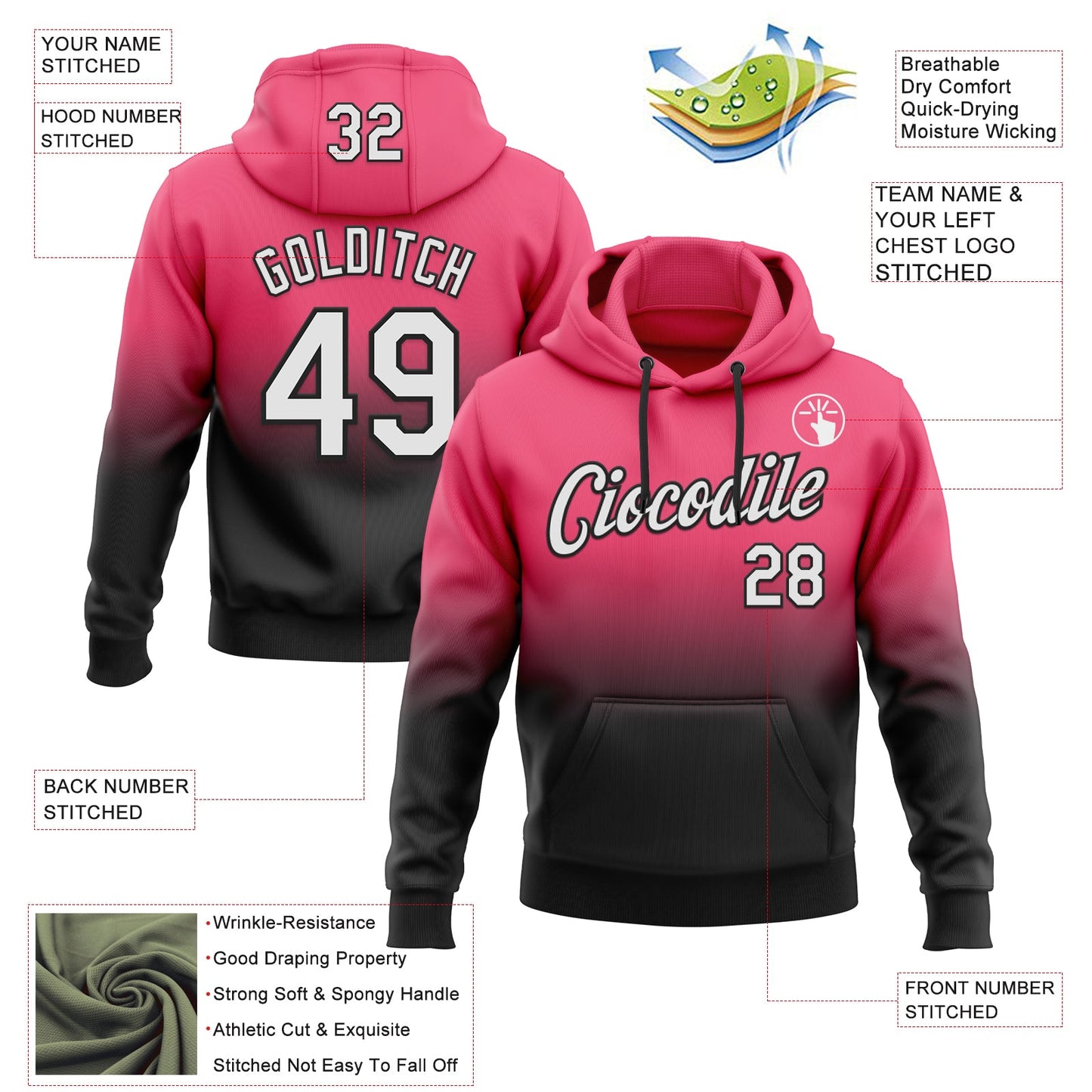 Custom Stitched Neon Pink White-Black Fade Fashion Sports Pullover Sweatshirt Hoodie view 2