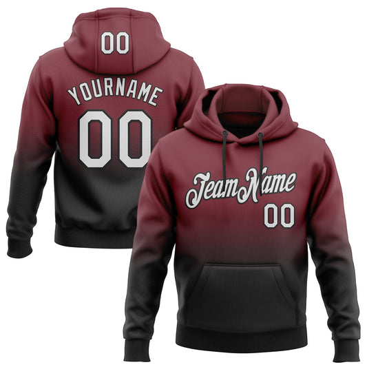 Custom Stitched Burgundy White-Black Fade Fashion Sports Pullover Sweatshirt Hoodie - Main View