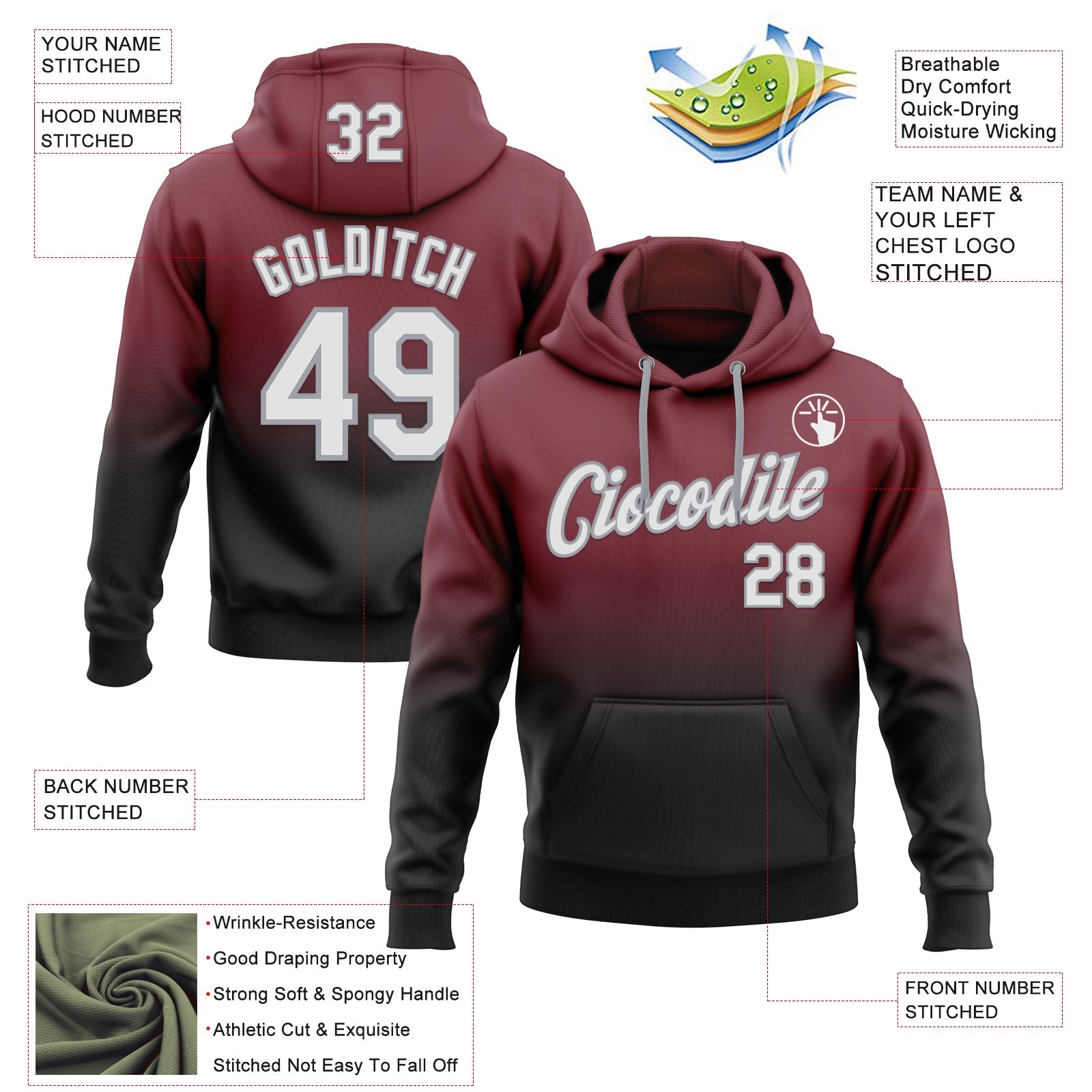 Custom Stitched Burgundy White Black-Gray Fade Fashion Sports Pullover Sweatshirt Hoodie view 2