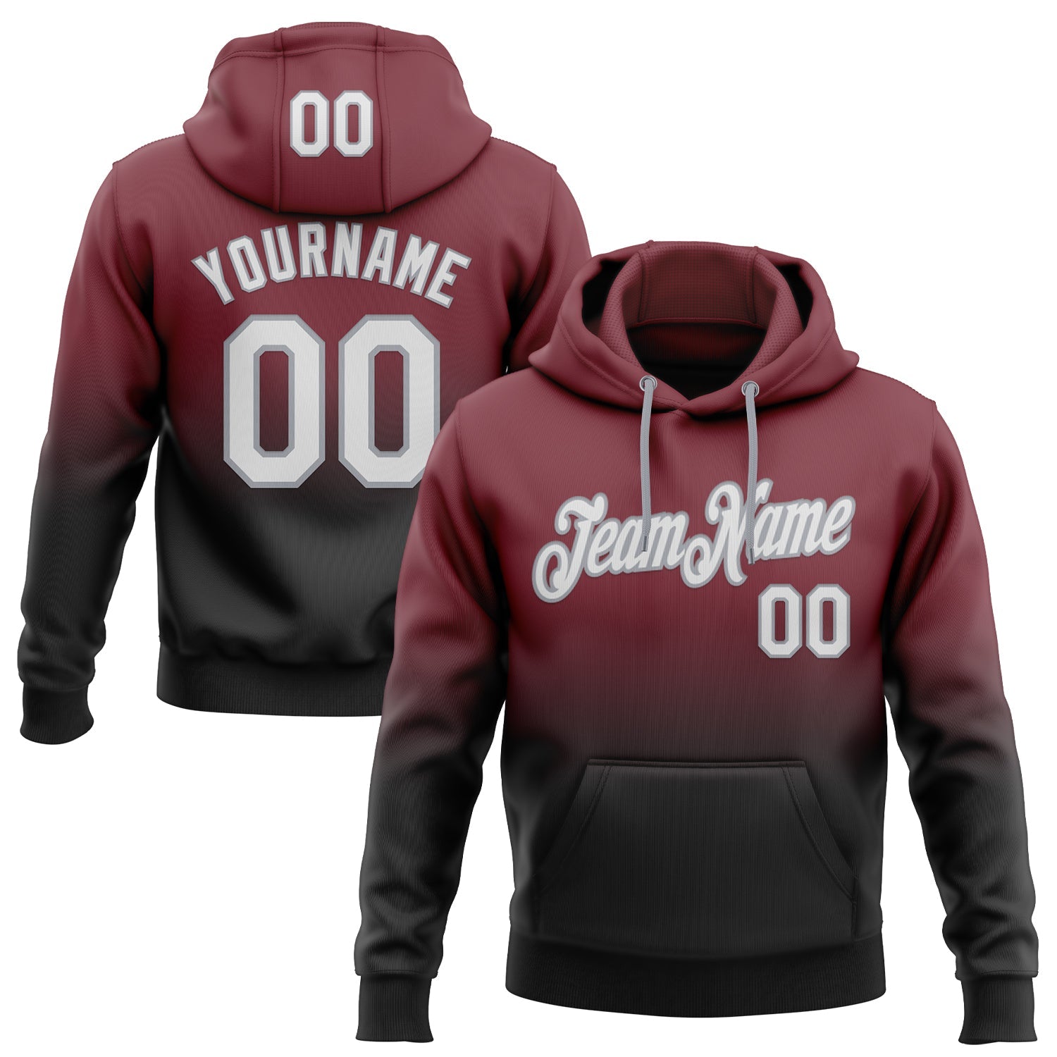 Custom Stitched Burgundy White Black-Gray Fade Fashion Sports Pullover Sweatshirt Hoodie - Main View