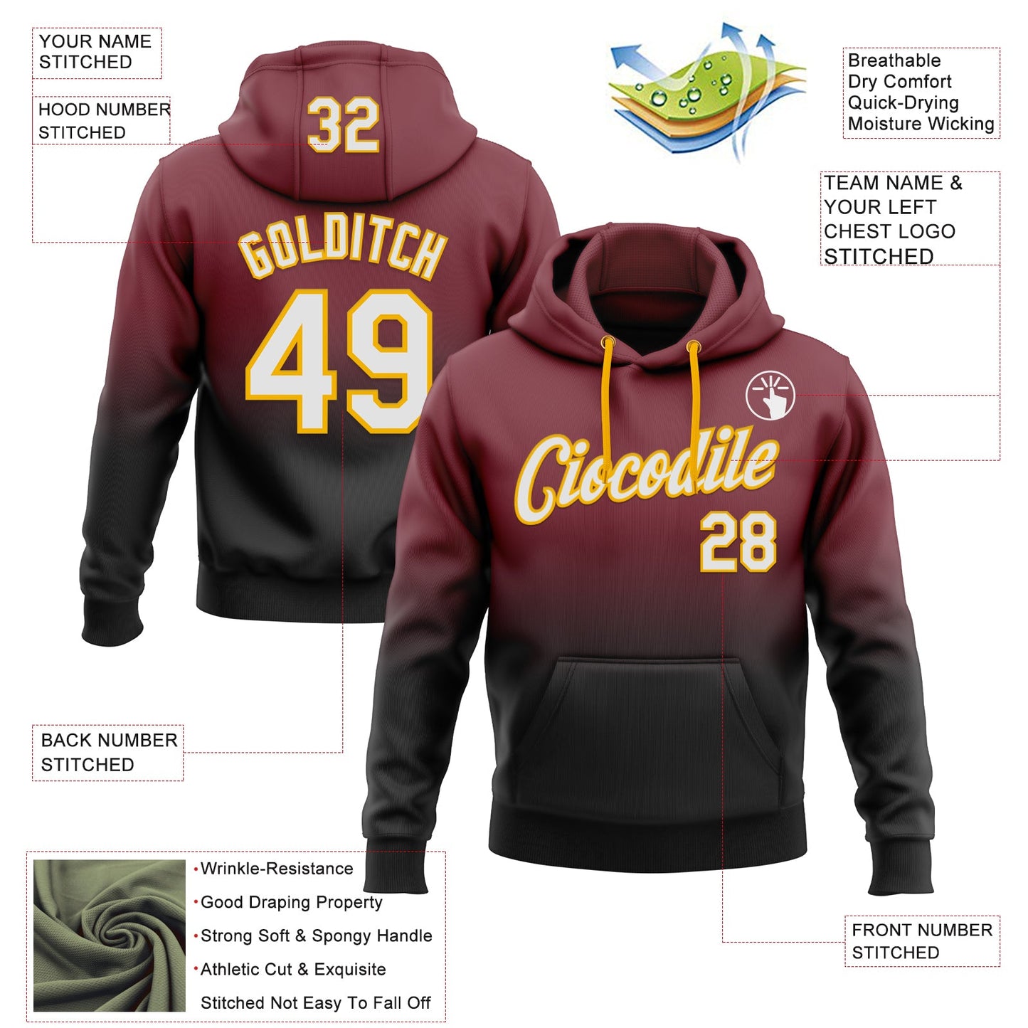 Custom Stitched Burgundy White Black-Gold Fade Fashion Sports Pullover Sweatshirt Hoodie view 2