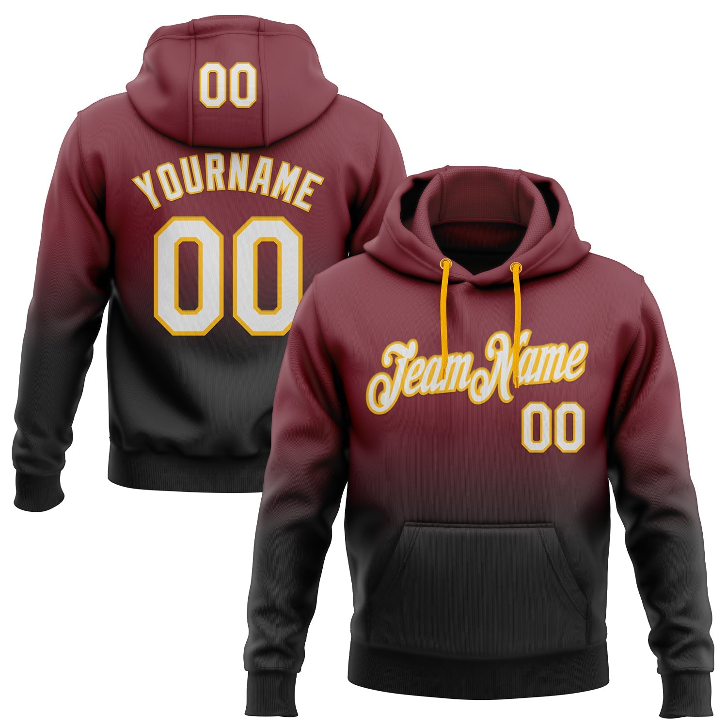 Custom Stitched Burgundy White Black-Gold Fade Fashion Sports Pullover Sweatshirt Hoodie - Main View