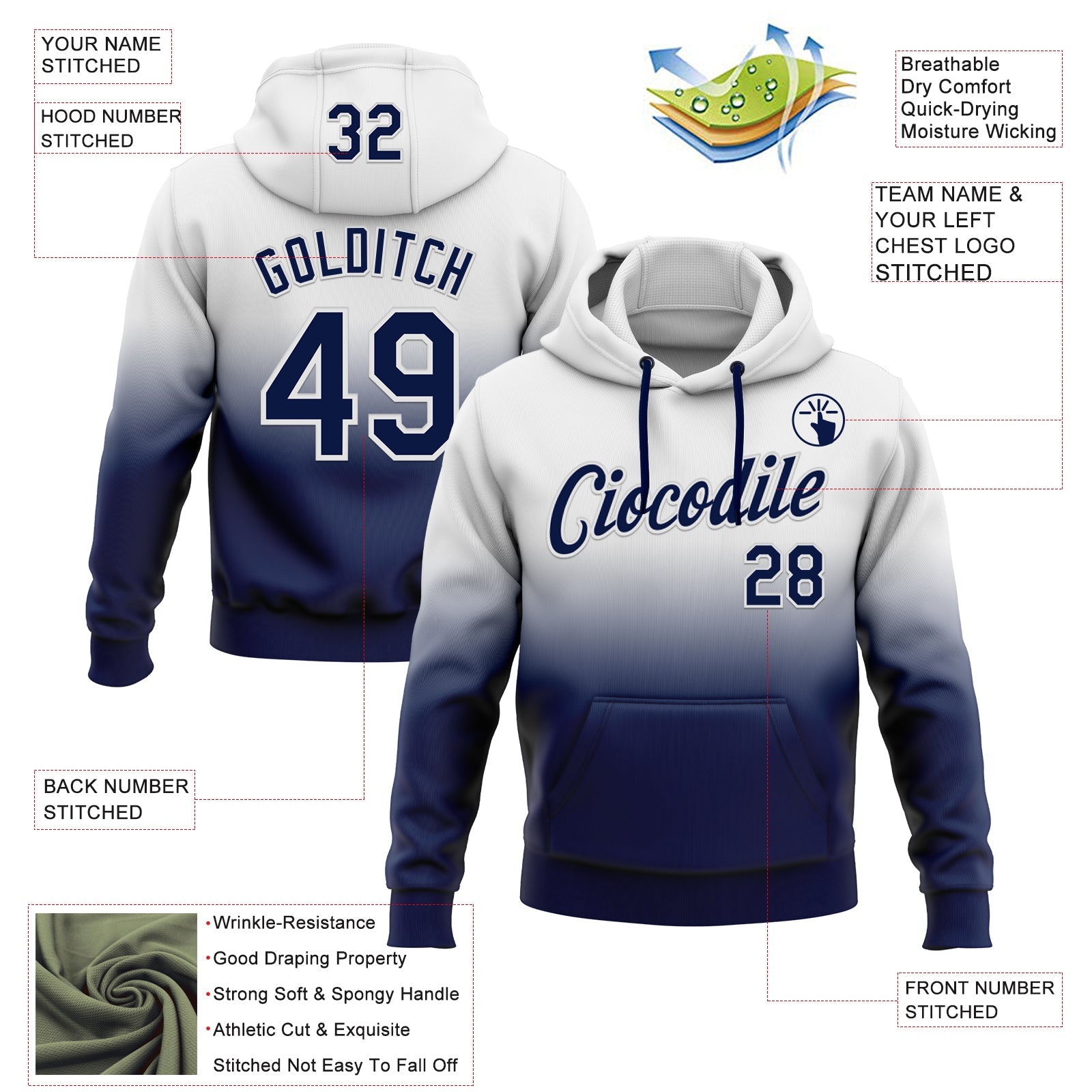 Custom Stitched White Navy Fade Fashion Sports Pullover Sweatshirt Hoodie view 2