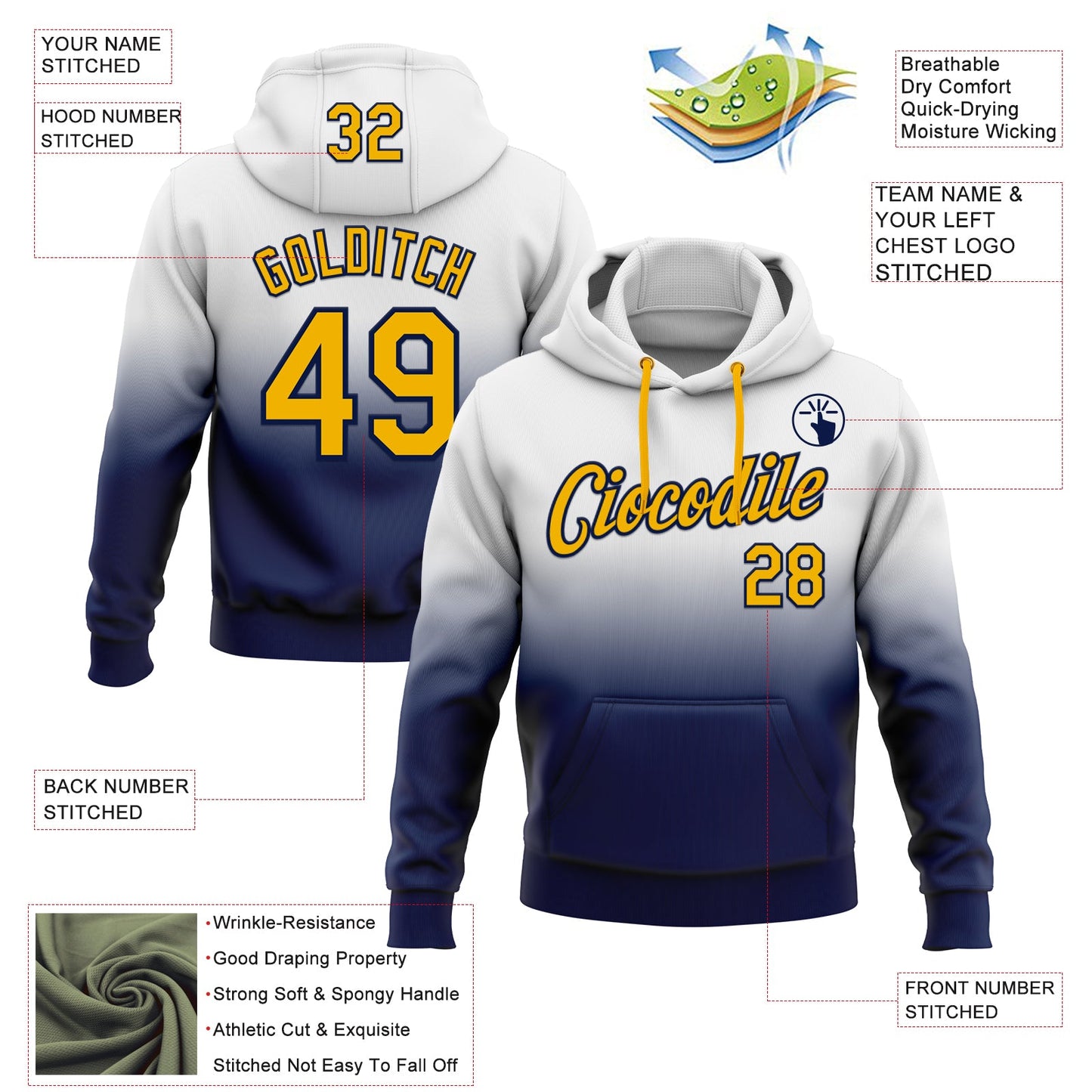 Custom Stitched White Gold-Navy Fade Fashion Sports Pullover Sweatshirt Hoodie view 2