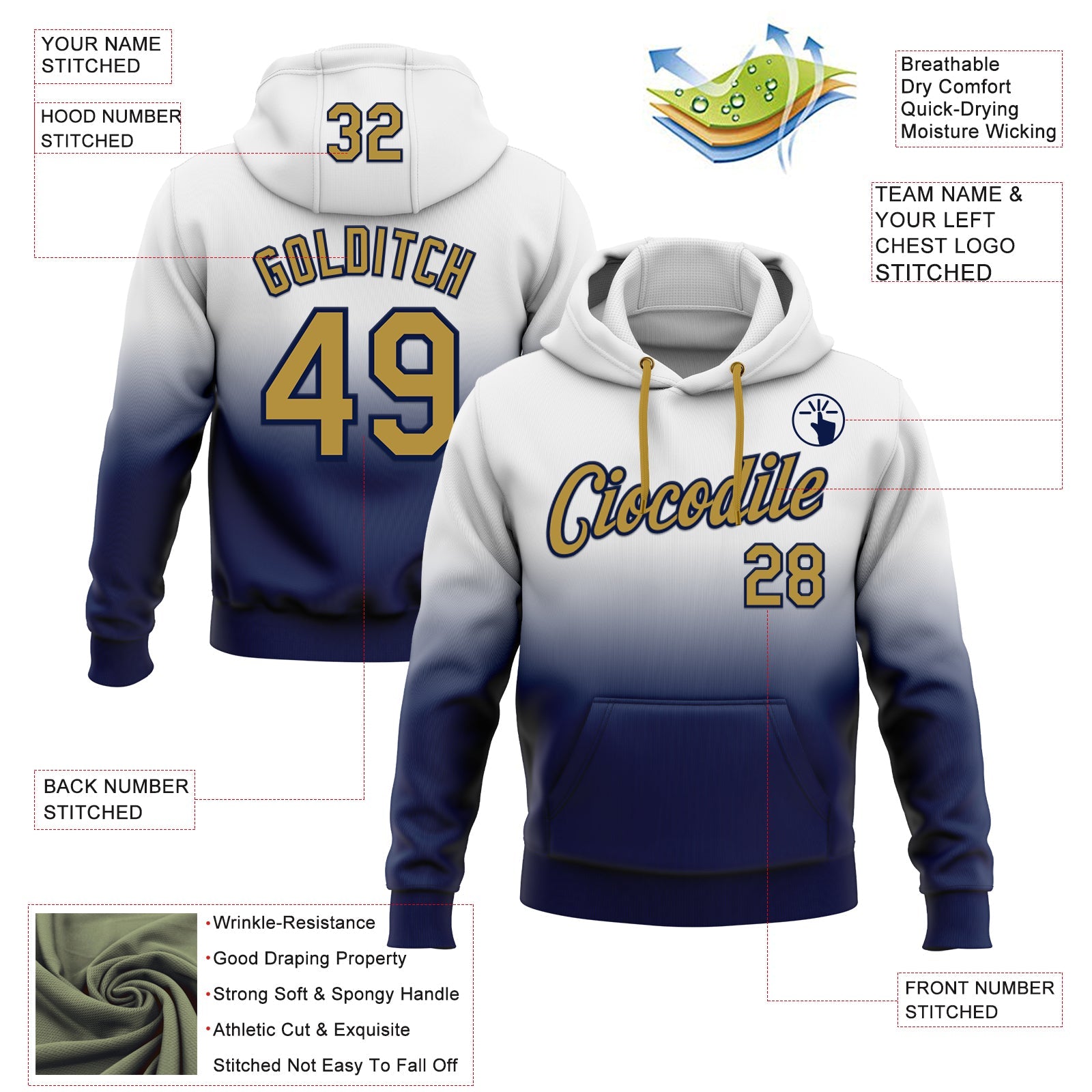 Custom Stitched White Old Gold-Navy Fade Fashion Sports Pullover Sweatshirt Hoodie view 2
