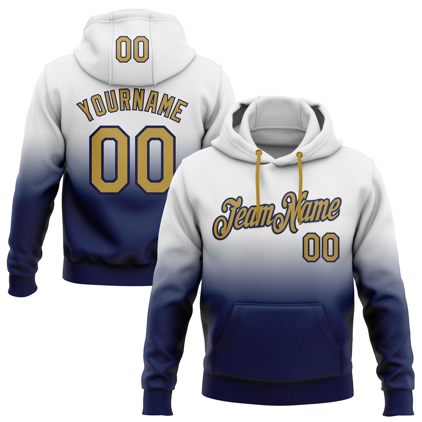 Custom Stitched White Old Gold-Navy Fade Fashion Sports Pullover Sweatshirt Hoodie - Main View