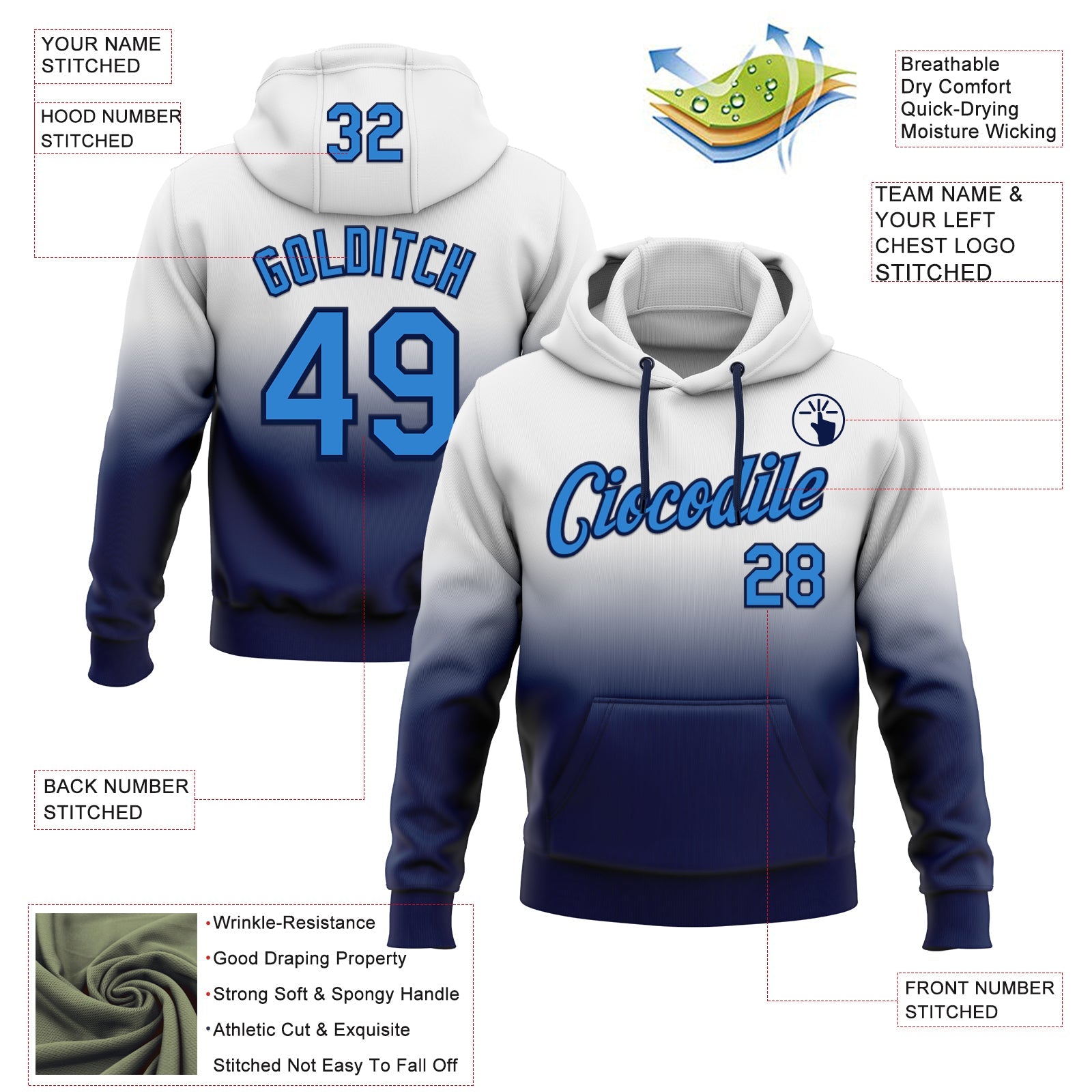 Custom Stitched White Powder Blue-Navy Fade Fashion Sports Pullover Sweatshirt Hoodie view 2