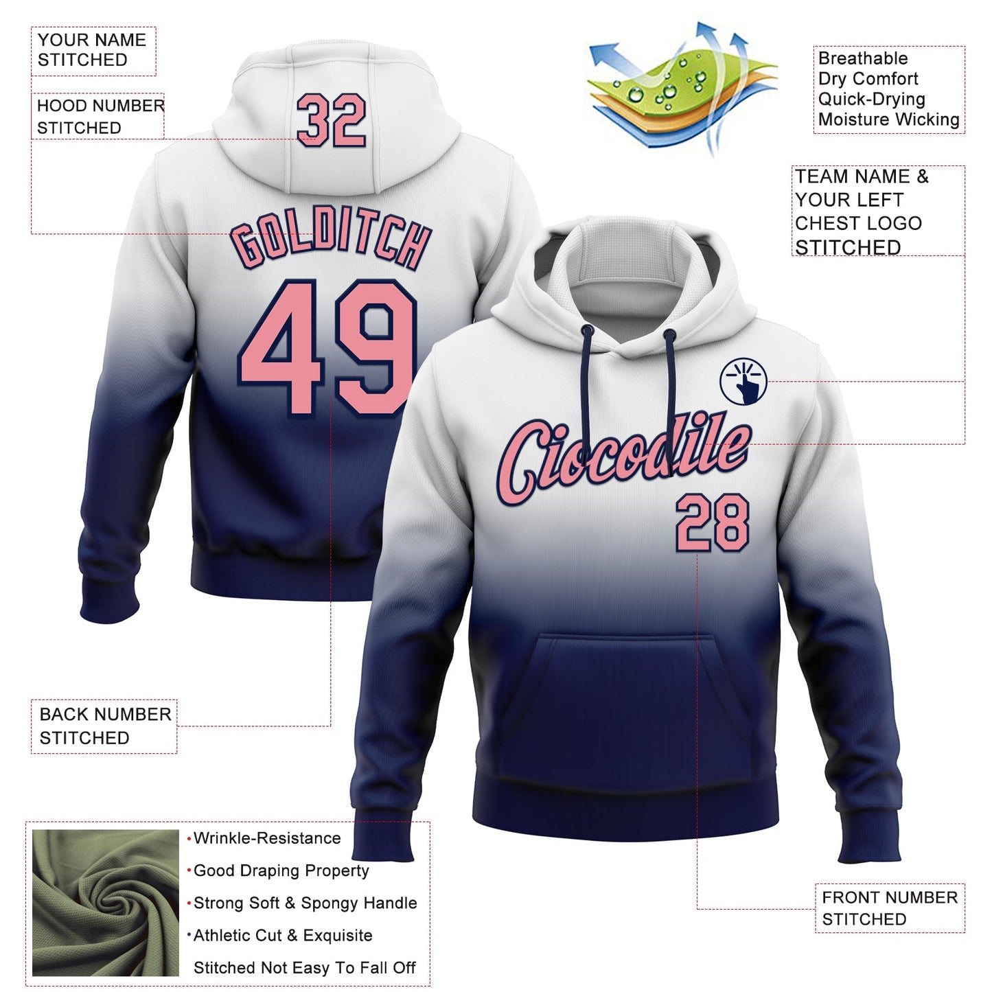 Custom Stitched White Medium Pink-Navy Fade Fashion Sports Pullover Sweatshirt Hoodie view 2