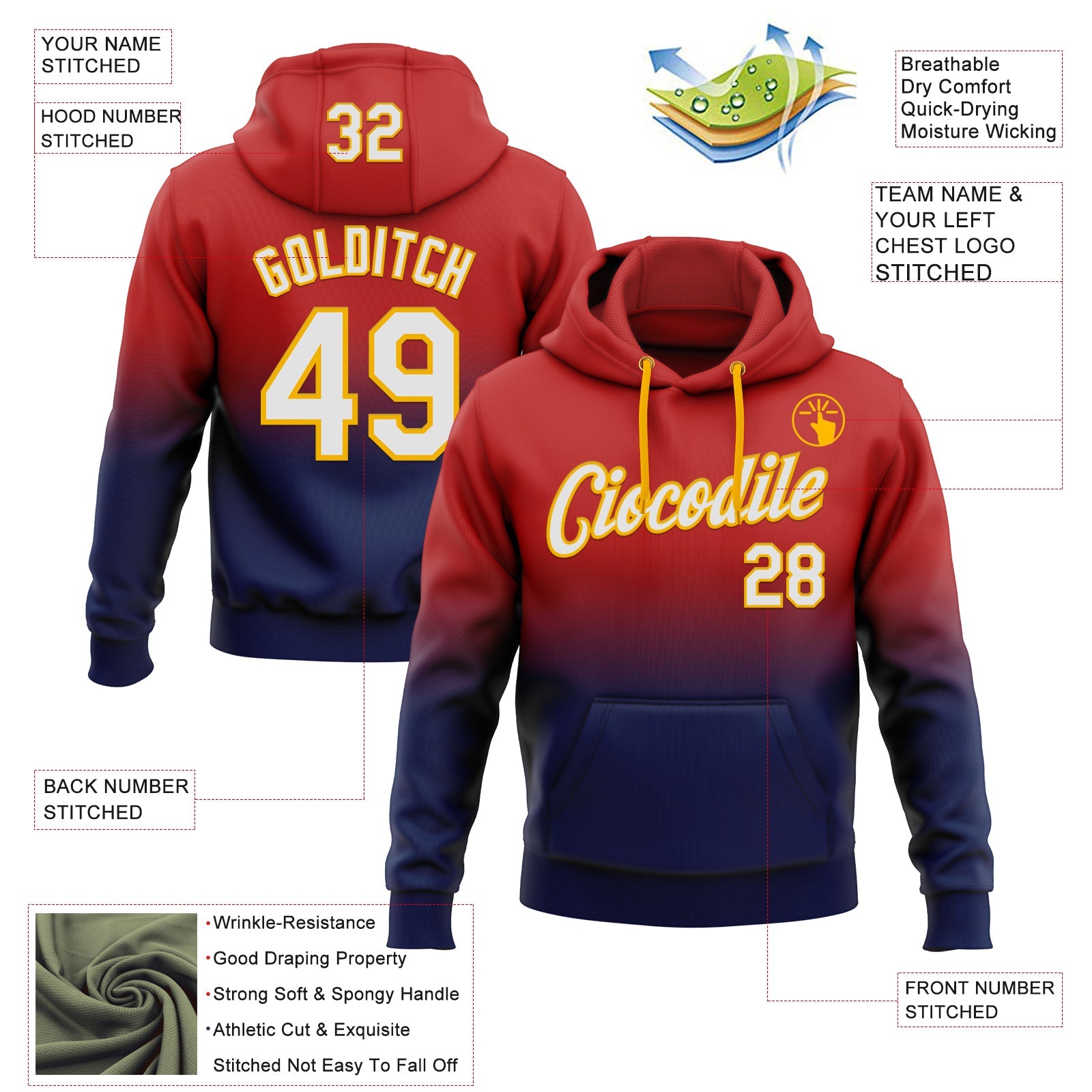 Custom Stitched Red White Navy-Gold Fade Fashion Sports Pullover Sweatshirt Hoodie view 2