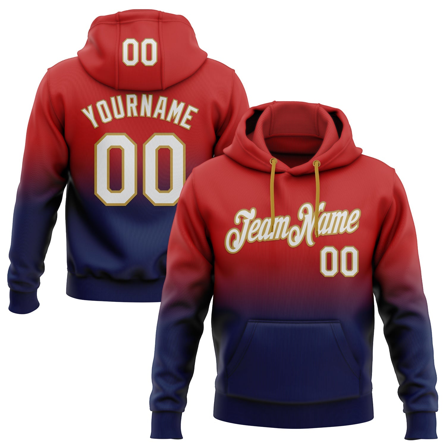 Custom Stitched Red White Navy-Old Gold Fade Fashion Sports Pullover Sweatshirt Hoodie - Main View