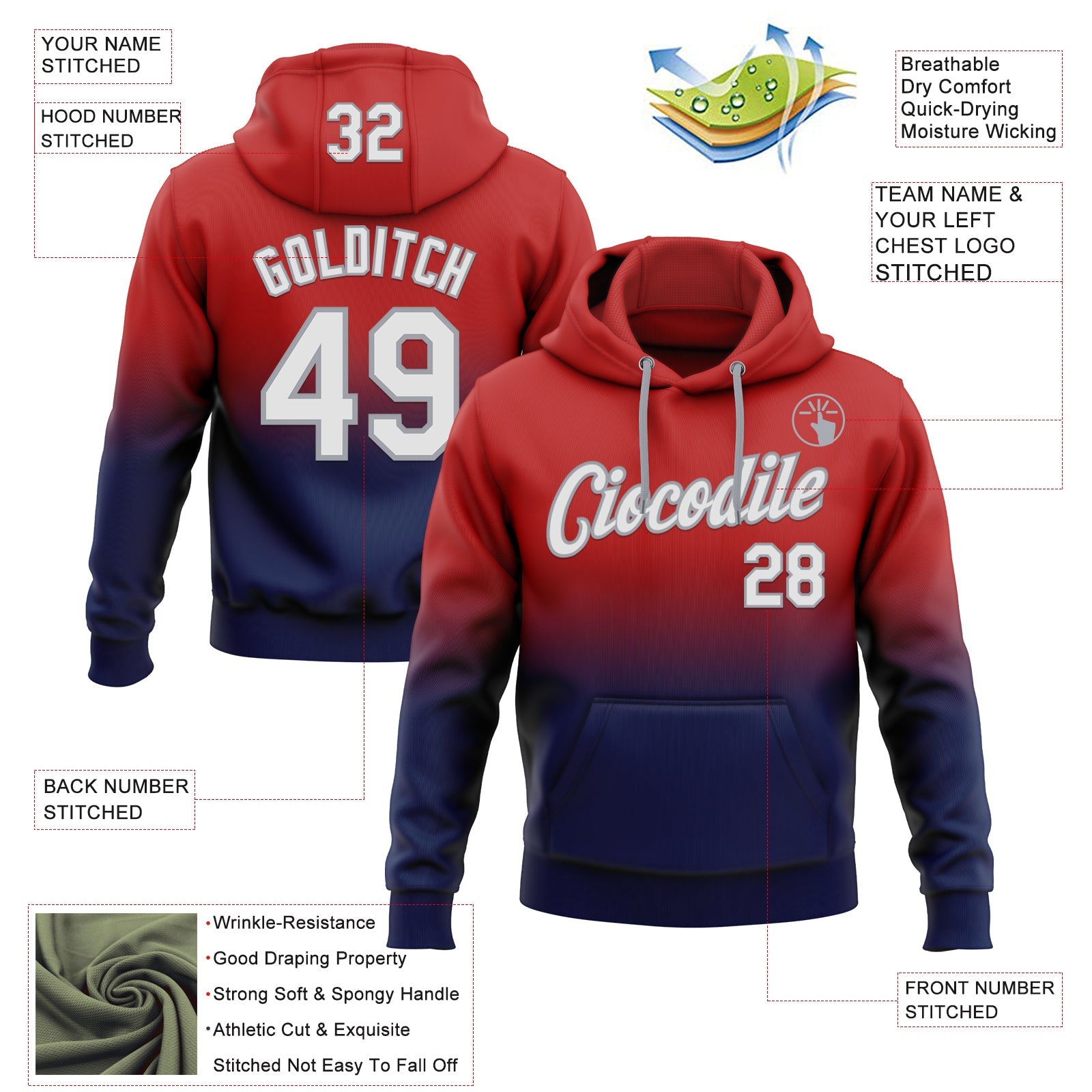 Custom Stitched Red White Navy-Gray Fade Fashion Sports Pullover Sweatshirt Hoodie view 2