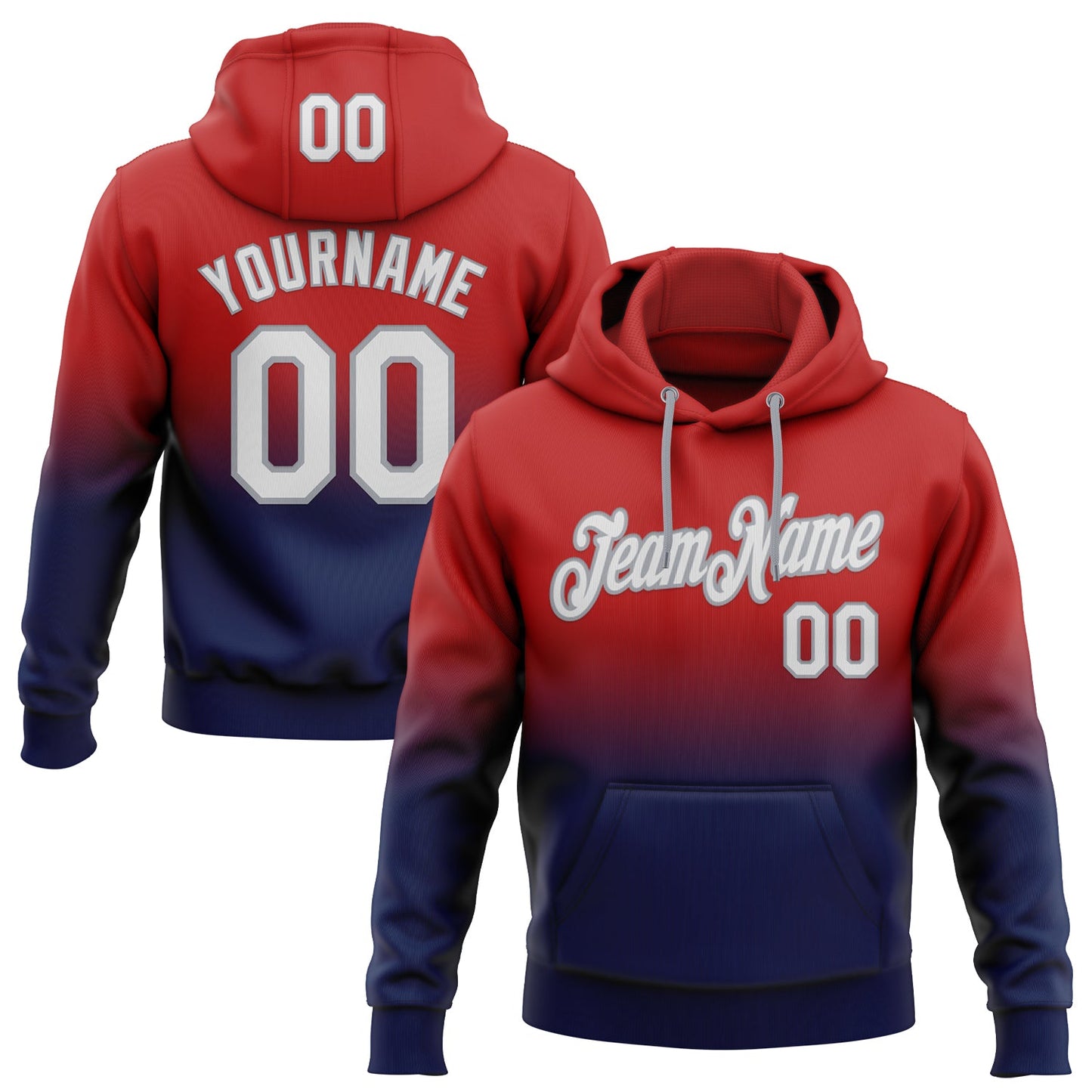 Custom Stitched Red White Navy-Gray Fade Fashion Sports Pullover Sweatshirt Hoodie - Main View