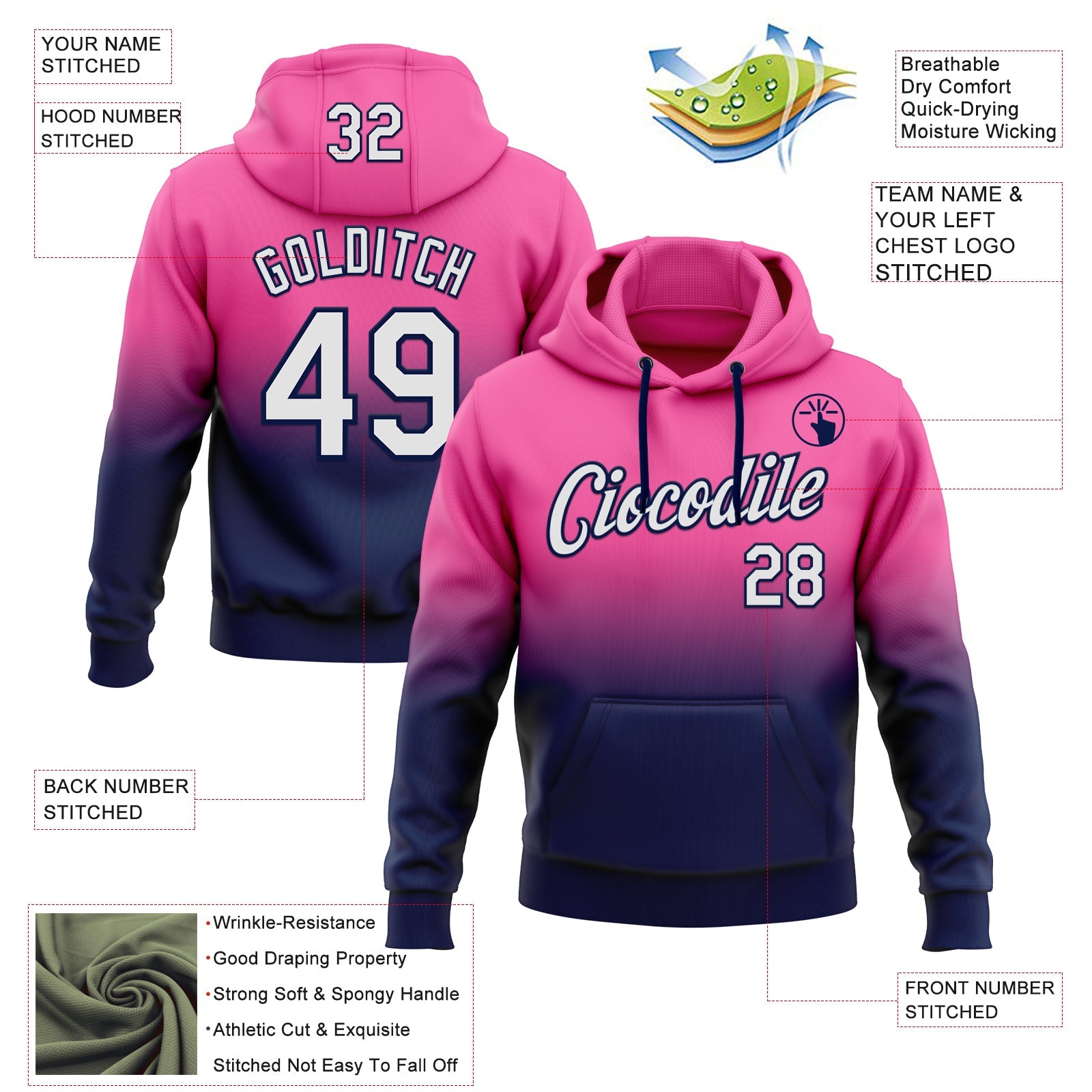 Custom Stitched Pink White-Navy Fade Fashion Sports Pullover Sweatshirt Hoodie view 2