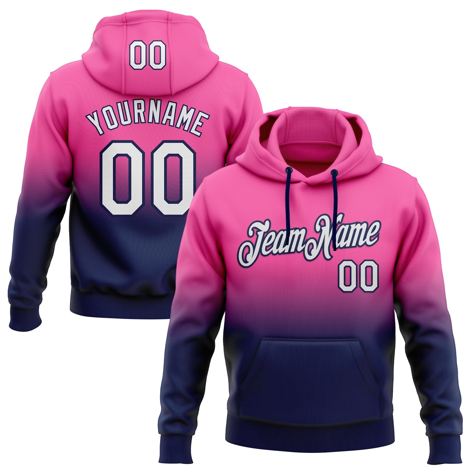 Custom Stitched Pink White-Navy Fade Fashion Sports Pullover Sweatshirt Hoodie - Main View