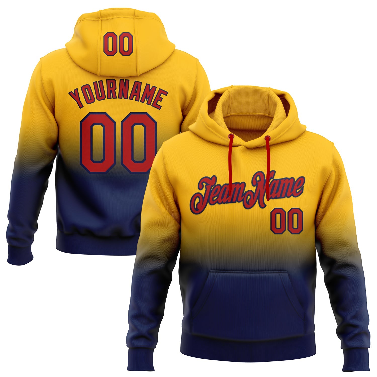Custom Stitched Gold Red-Navy Fade Fashion Sports Pullover Sweatshirt Hoodie - Main View