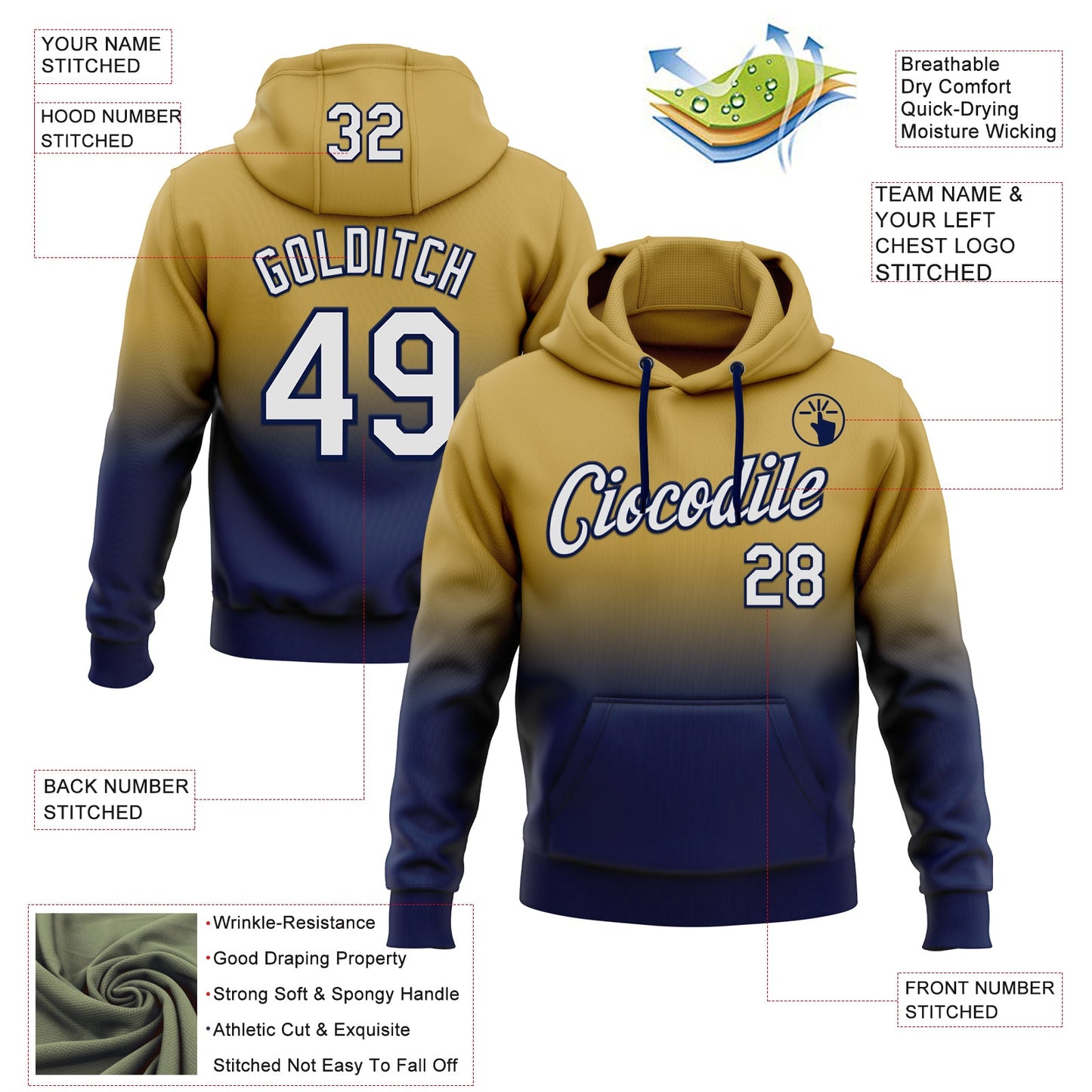 Custom Stitched Old Gold White-Navy Fade Fashion Sports Pullover Sweatshirt Hoodie view 2