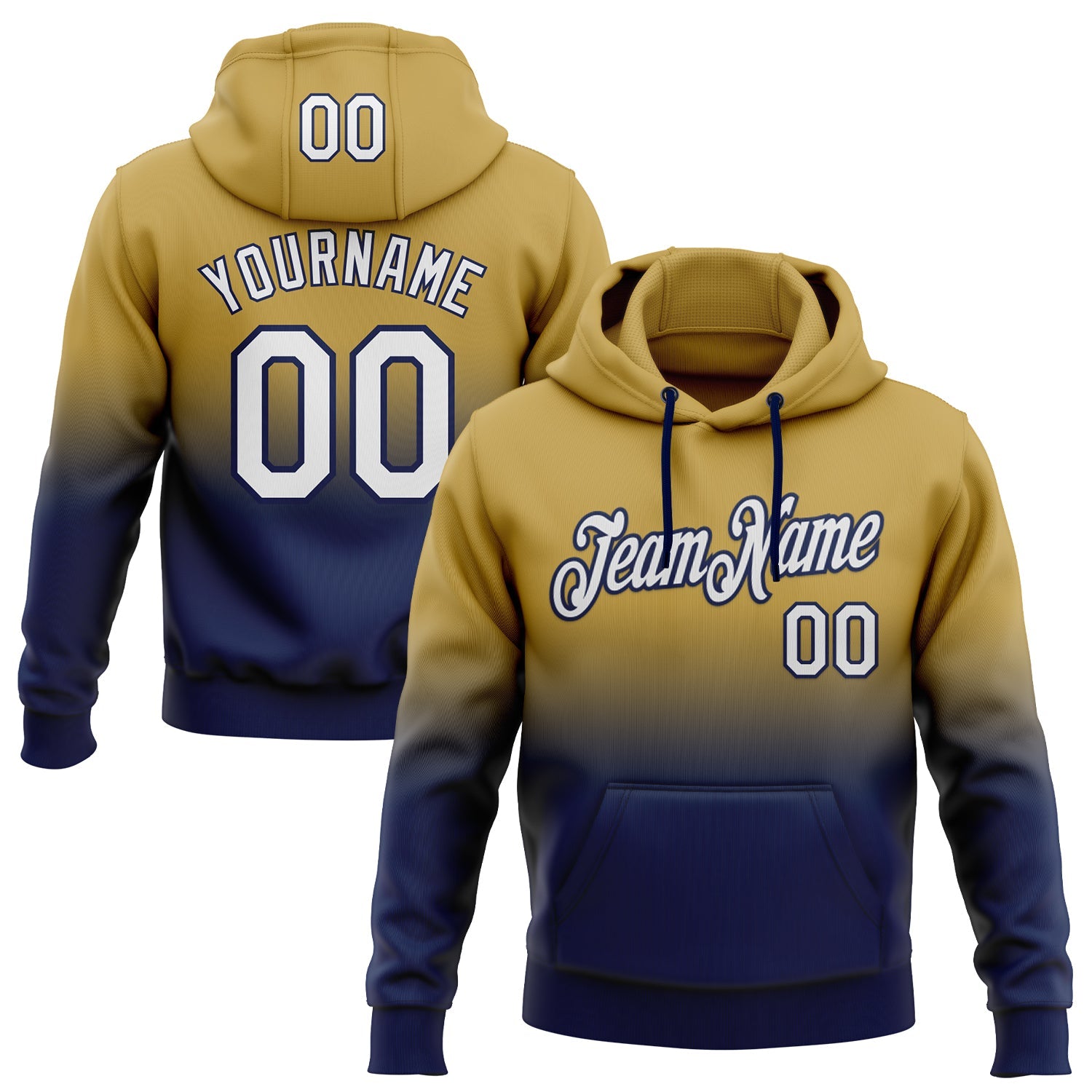 Custom Stitched Old Gold White-Navy Fade Fashion Sports Pullover Sweatshirt Hoodie - Main View