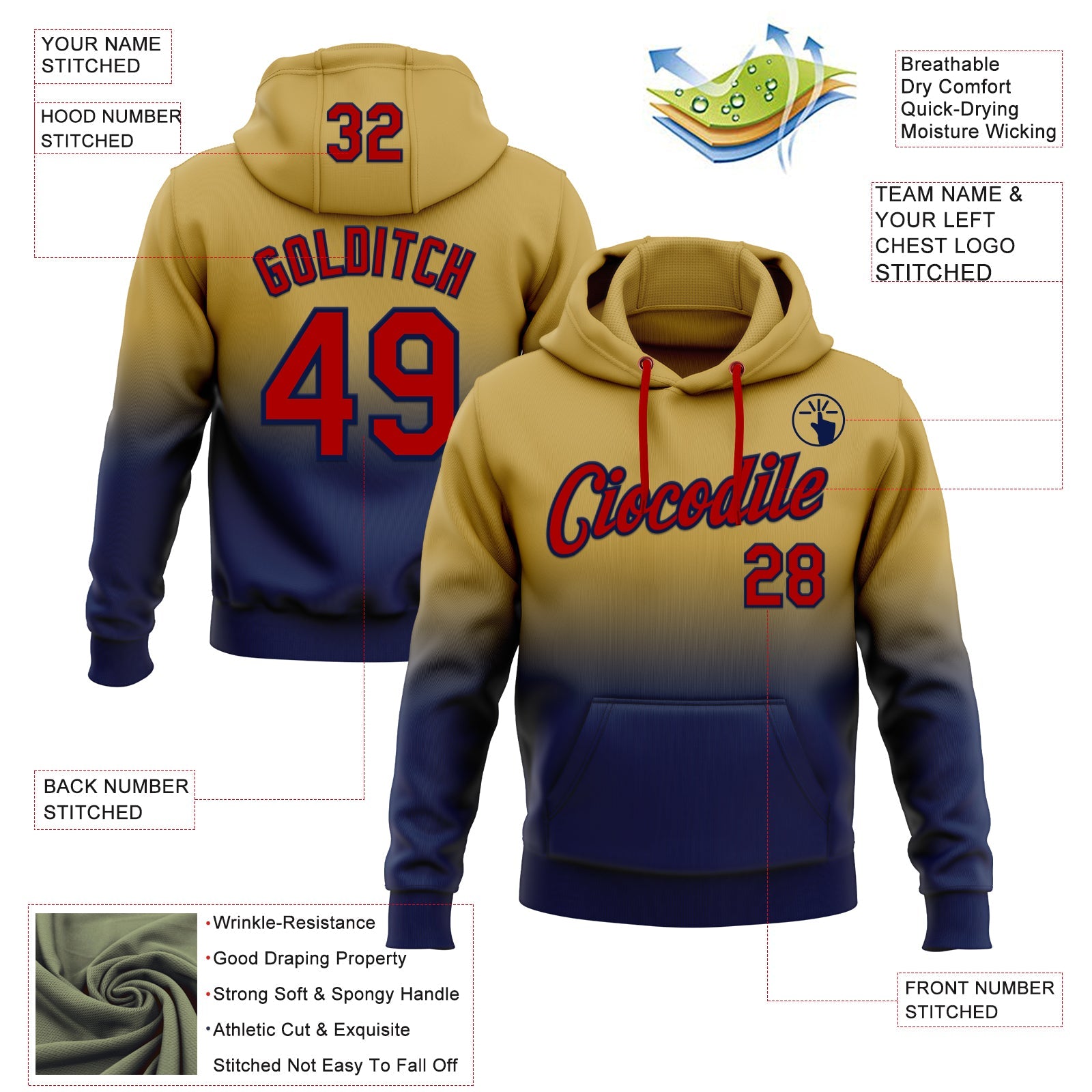 Custom Stitched Old Gold Red-Navy Fade Fashion Sports Pullover Sweatshirt Hoodie view 2