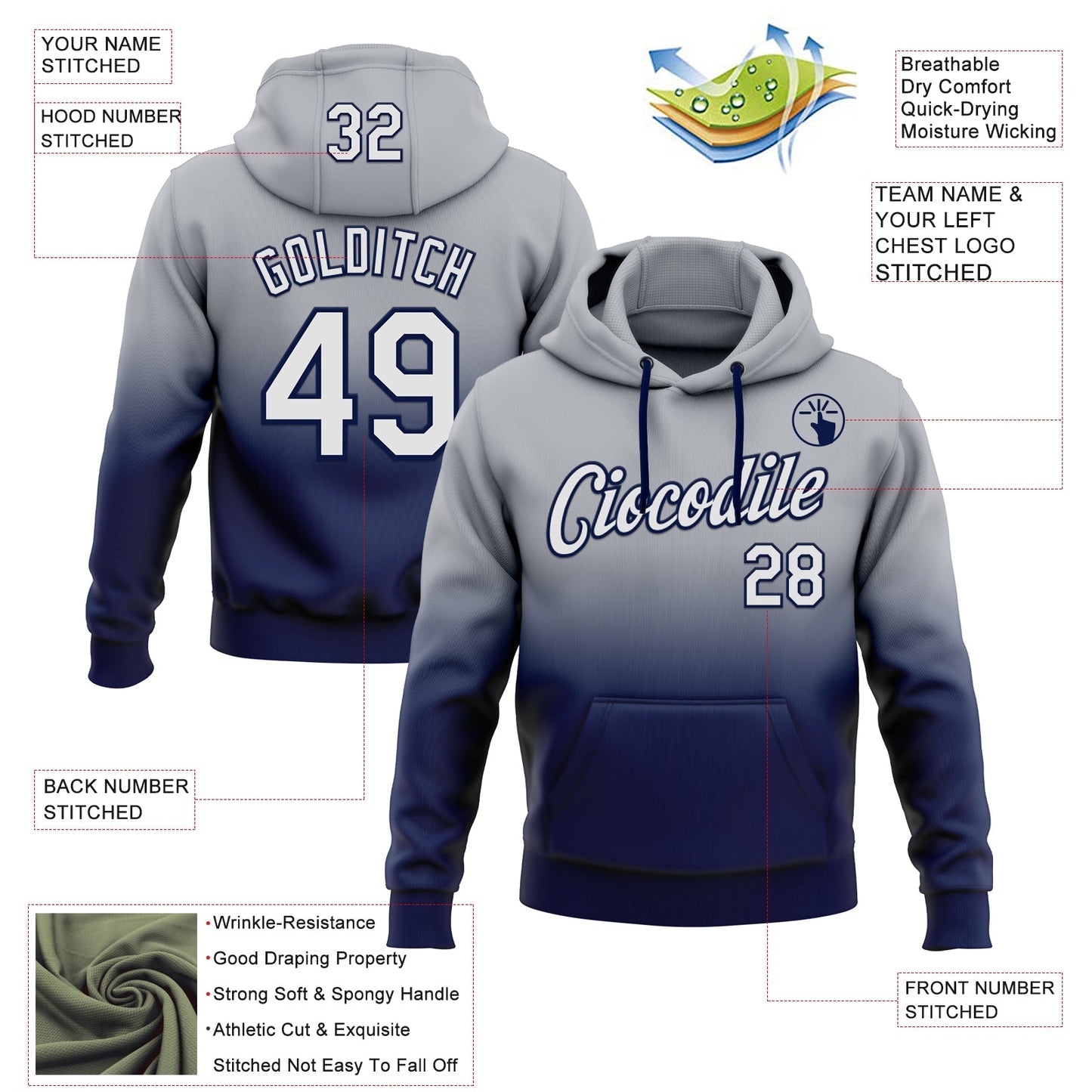 Custom Stitched Gray White-Navy Fade Fashion Sports Pullover Sweatshirt Hoodie view 2