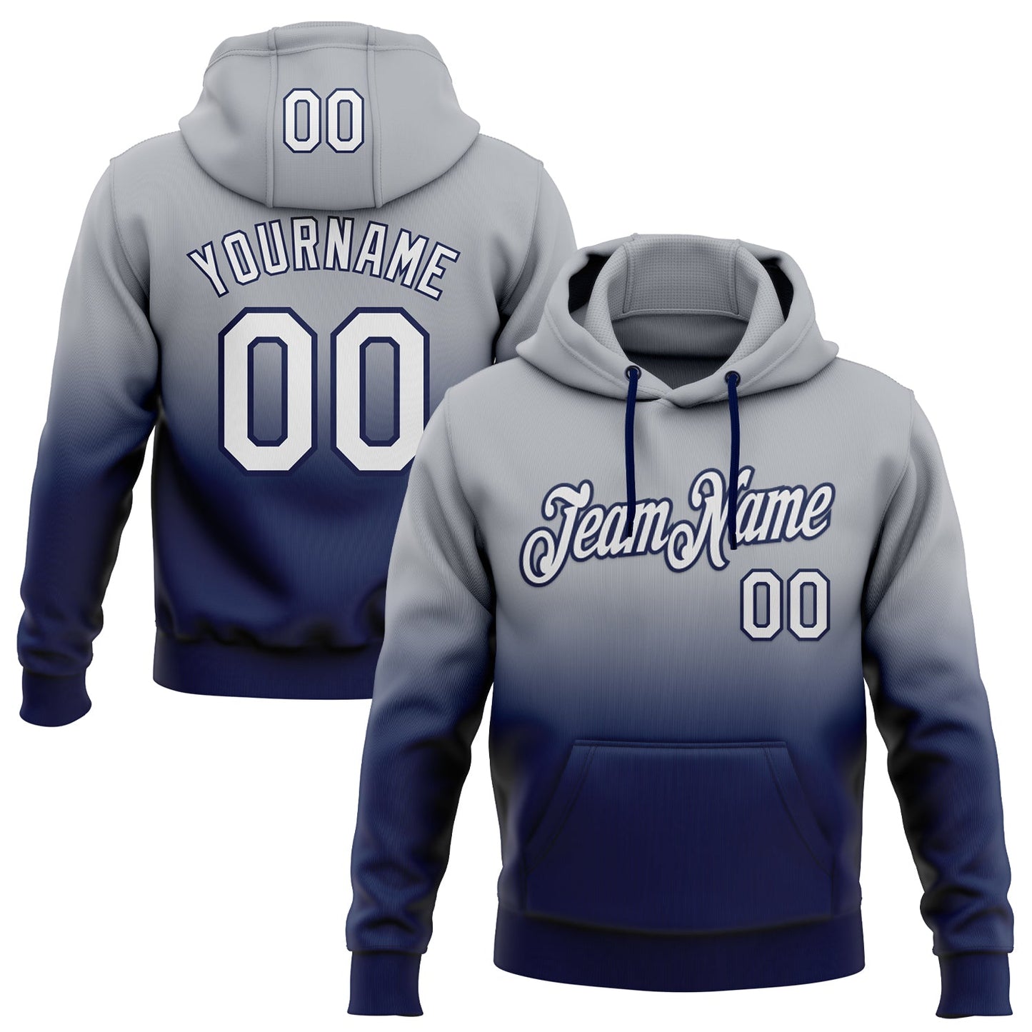 Custom Stitched Gray White-Navy Fade Fashion Sports Pullover Sweatshirt Hoodie - Main View