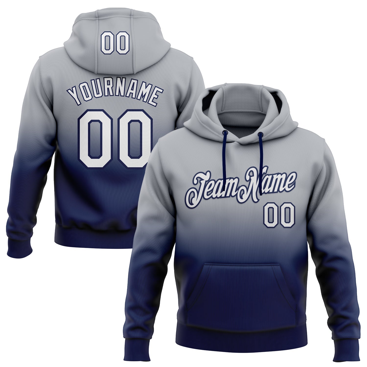 Custom Stitched Gray White-Navy Fade Fashion Sports Pullover Sweatshirt Hoodie - Main View