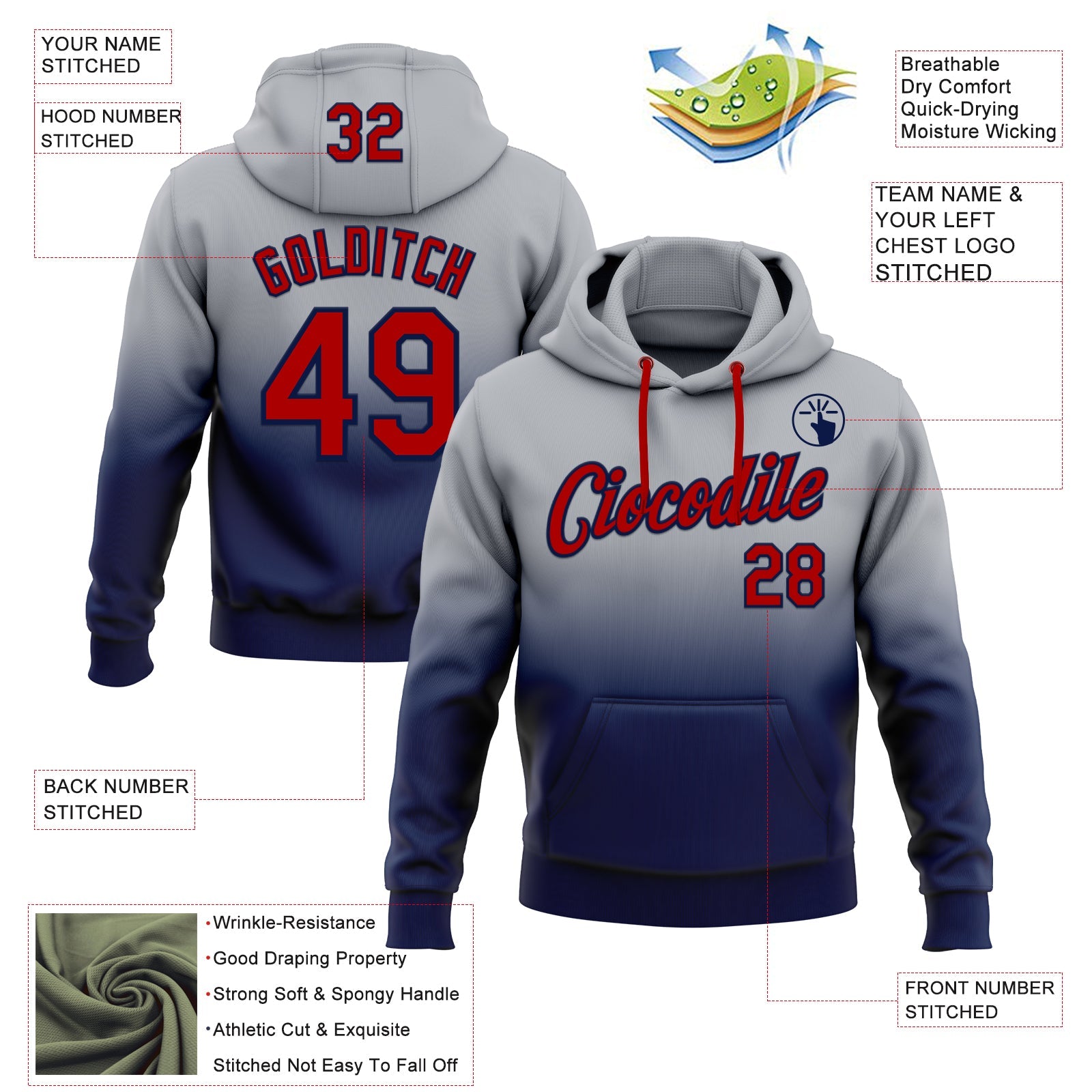 Custom Stitched Gray Red-Navy Fade Fashion Sports Pullover Sweatshirt Hoodie view 2