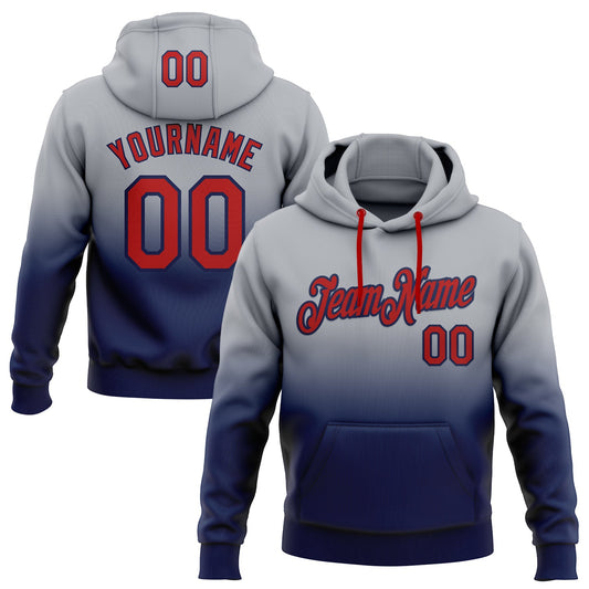 Custom Stitched Gray Red-Navy Fade Fashion Sports Pullover Sweatshirt Hoodie - Main View
