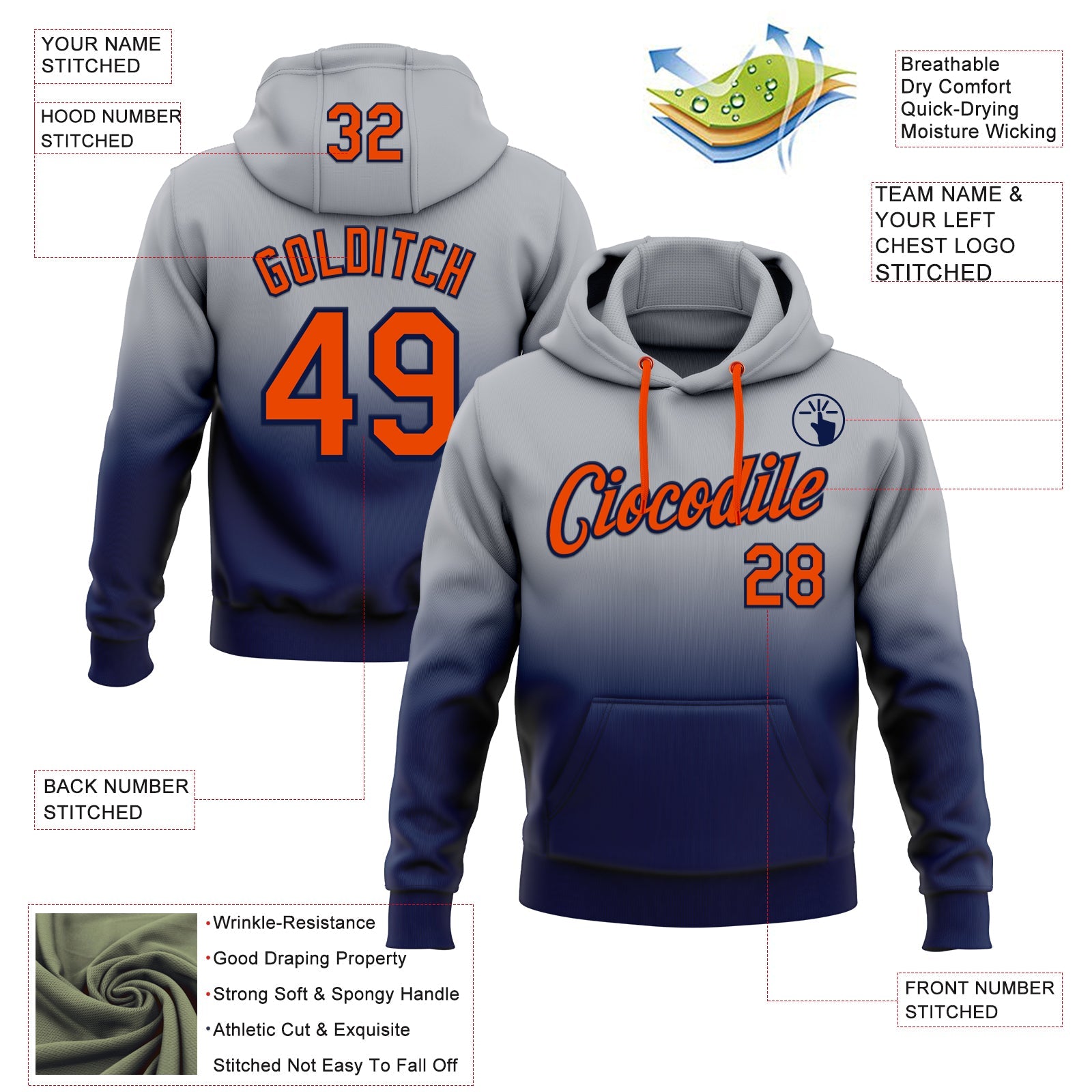 Custom Stitched Gray Orange-Navy Fade Fashion Sports Pullover Sweatshirt Hoodie view 2